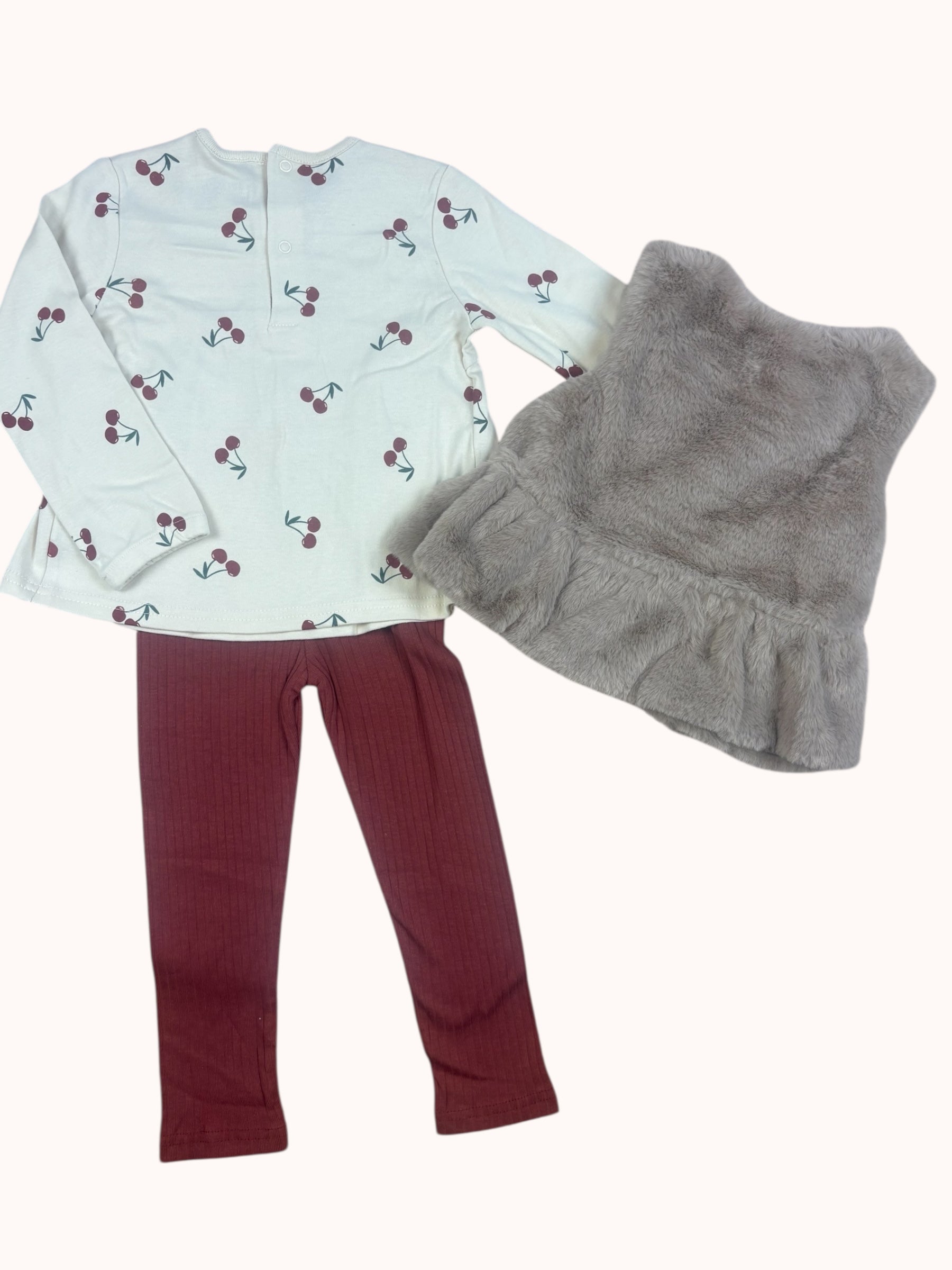 Baby meisjes set met kersenprint en faux fur gilet