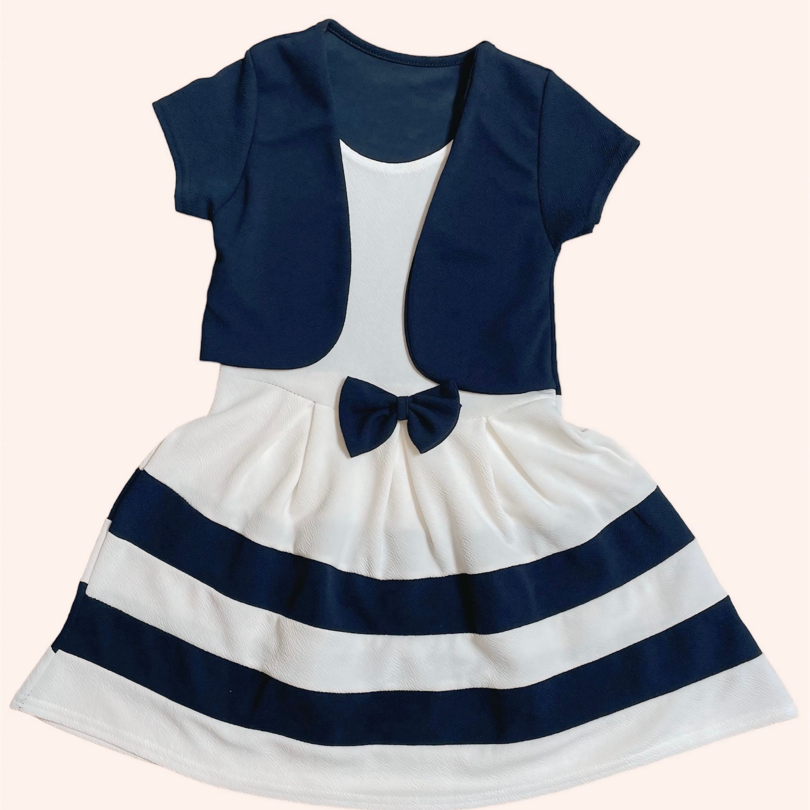 Elegant Donerblauw-Wit jurkje met Bolero en Strik