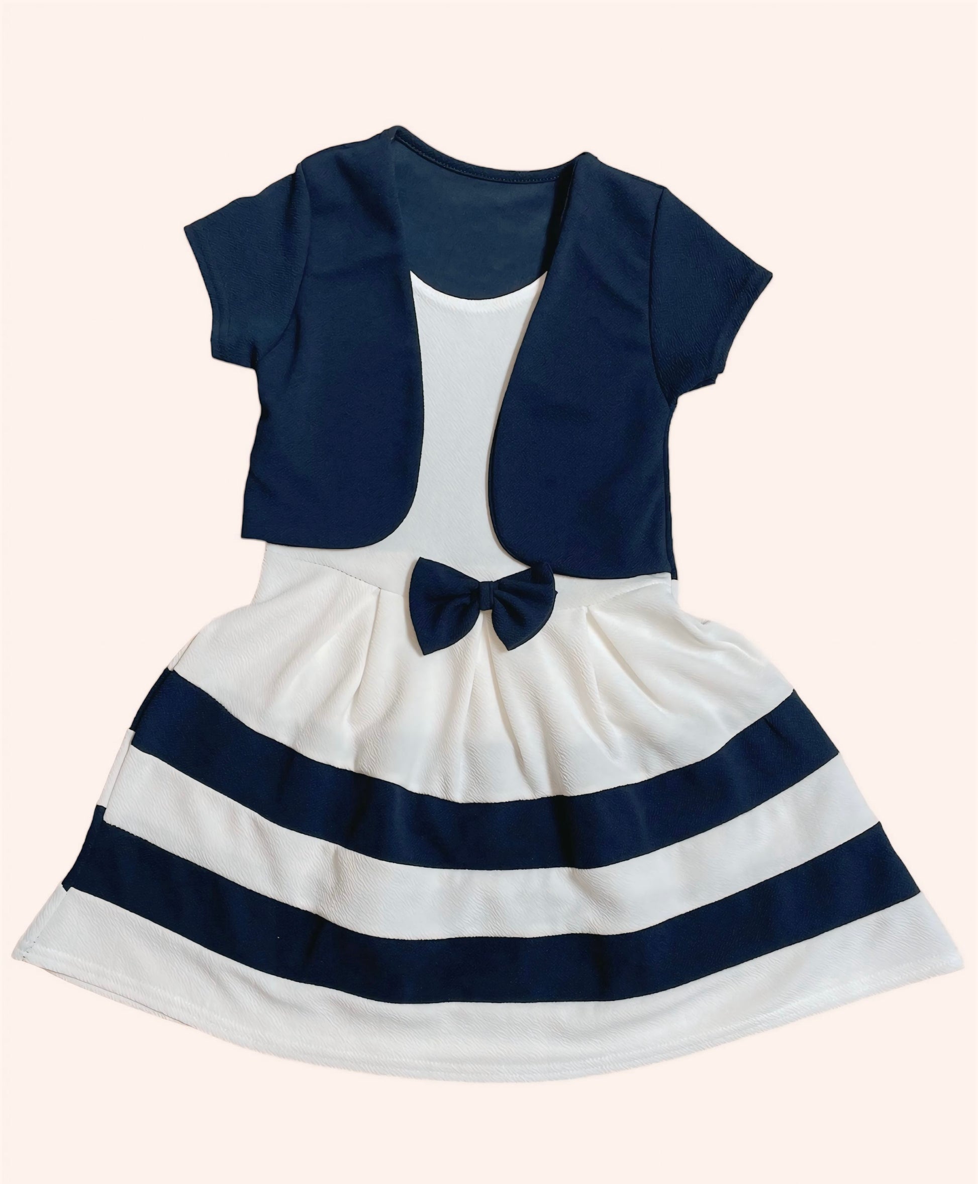 Elegant Donerblauw-Wit jurkje met Bolero en Strik