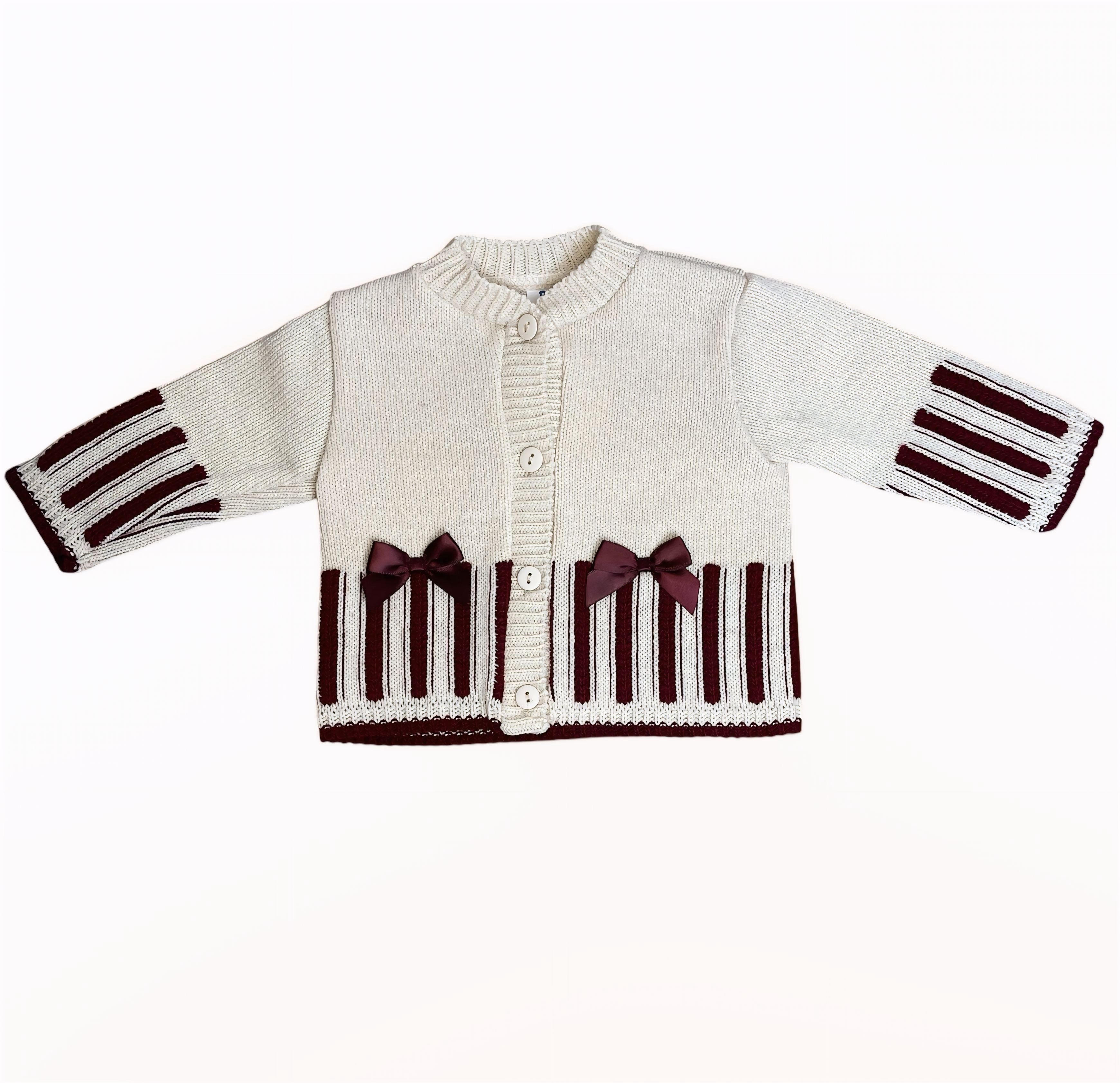 Gebreid Cardigan Beige met Bordeauxrode Strepen en Strikjes