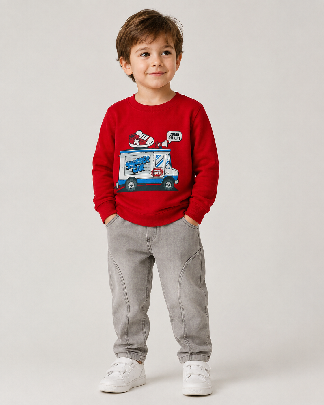 outfit iDo rode t-shirt en een iDo grijze jeansbroek