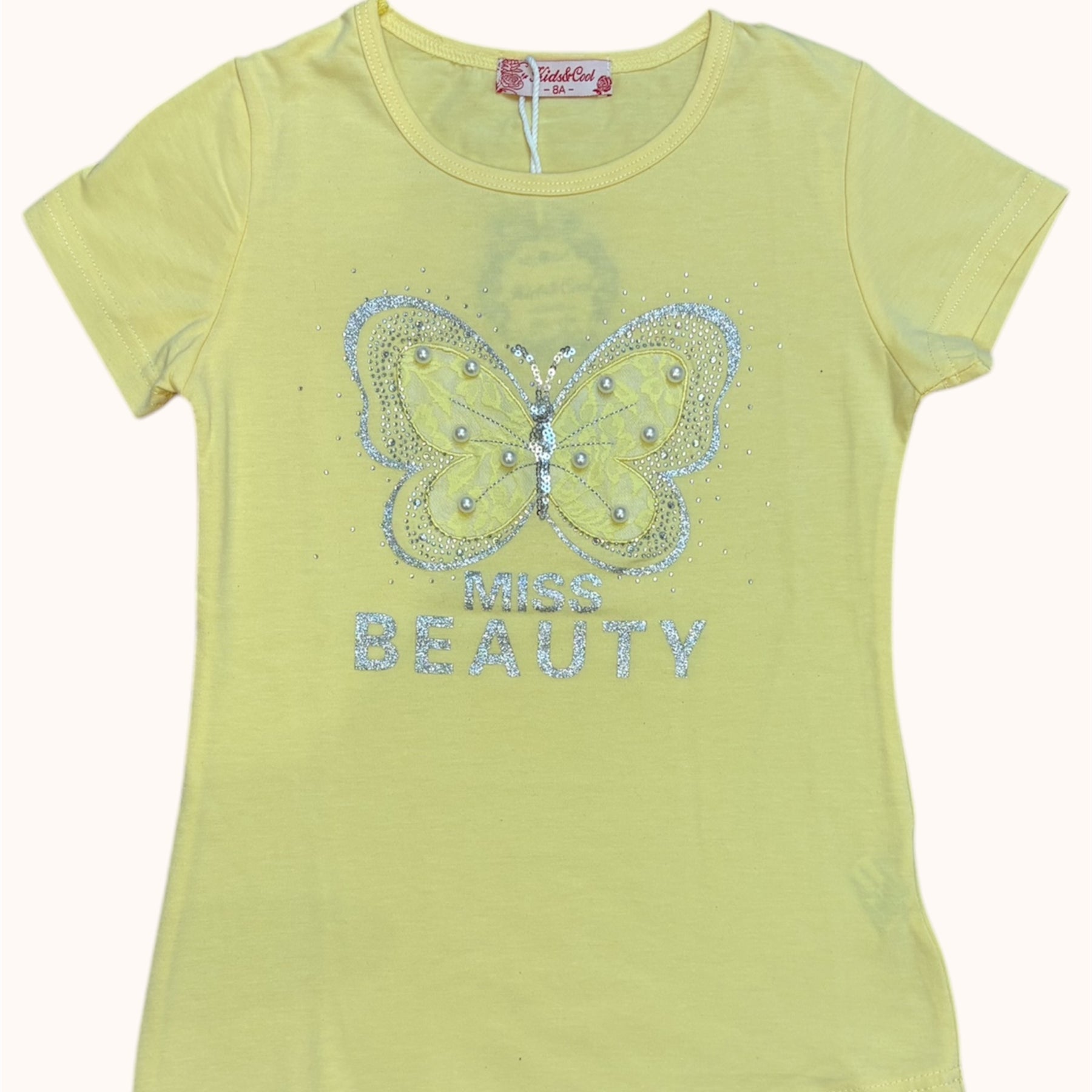 Gele T-shirt met Glitter Vlinder – “Miss Beauty”
