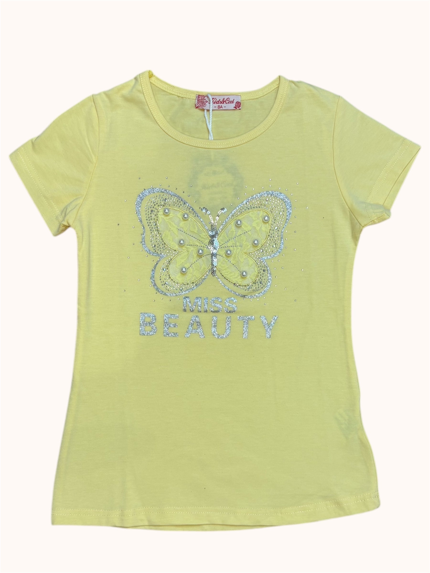 Gele T-shirt met Glitter Vlinder – “Miss Beauty”