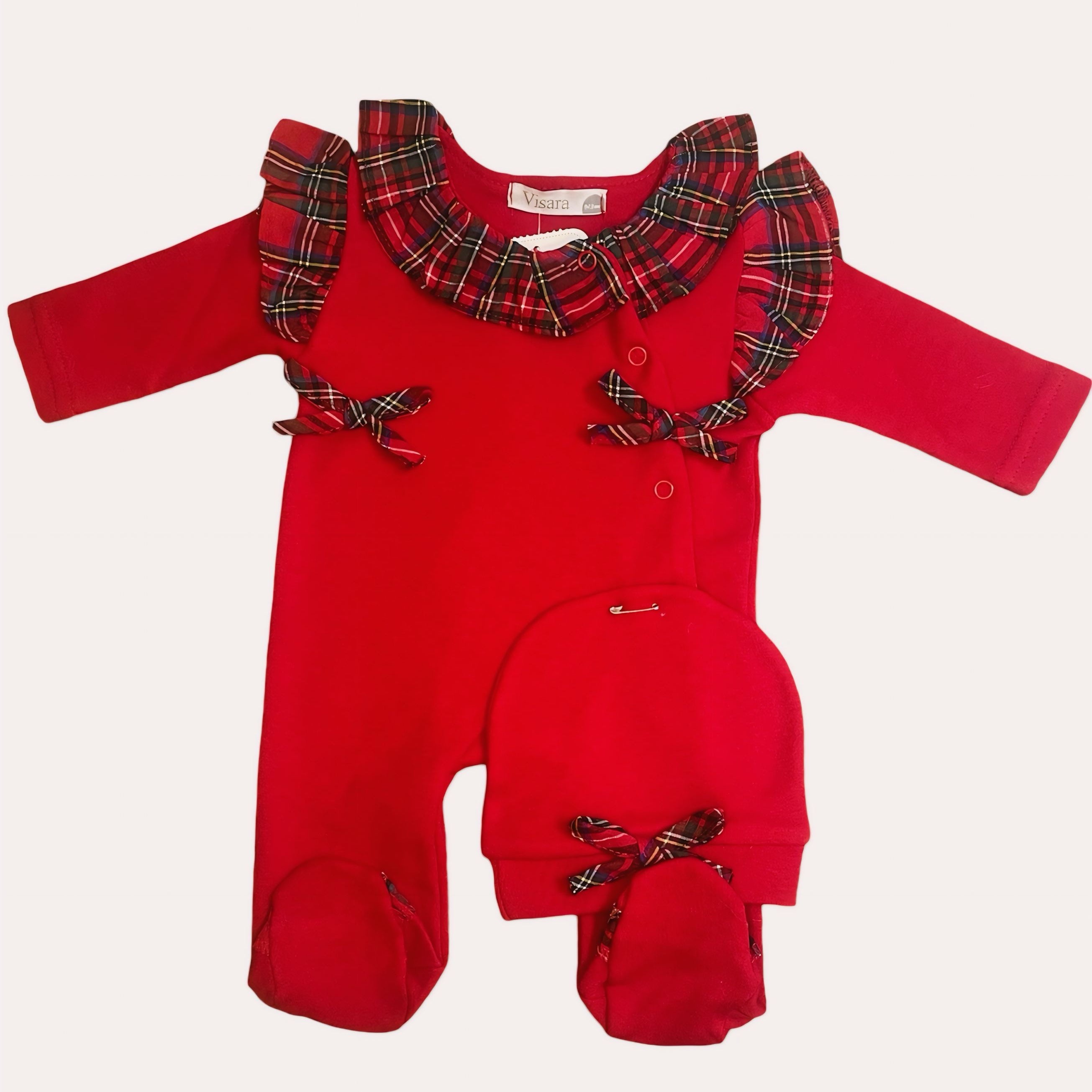 Rood Babyrompertje met Geruite Kraag en Muts
