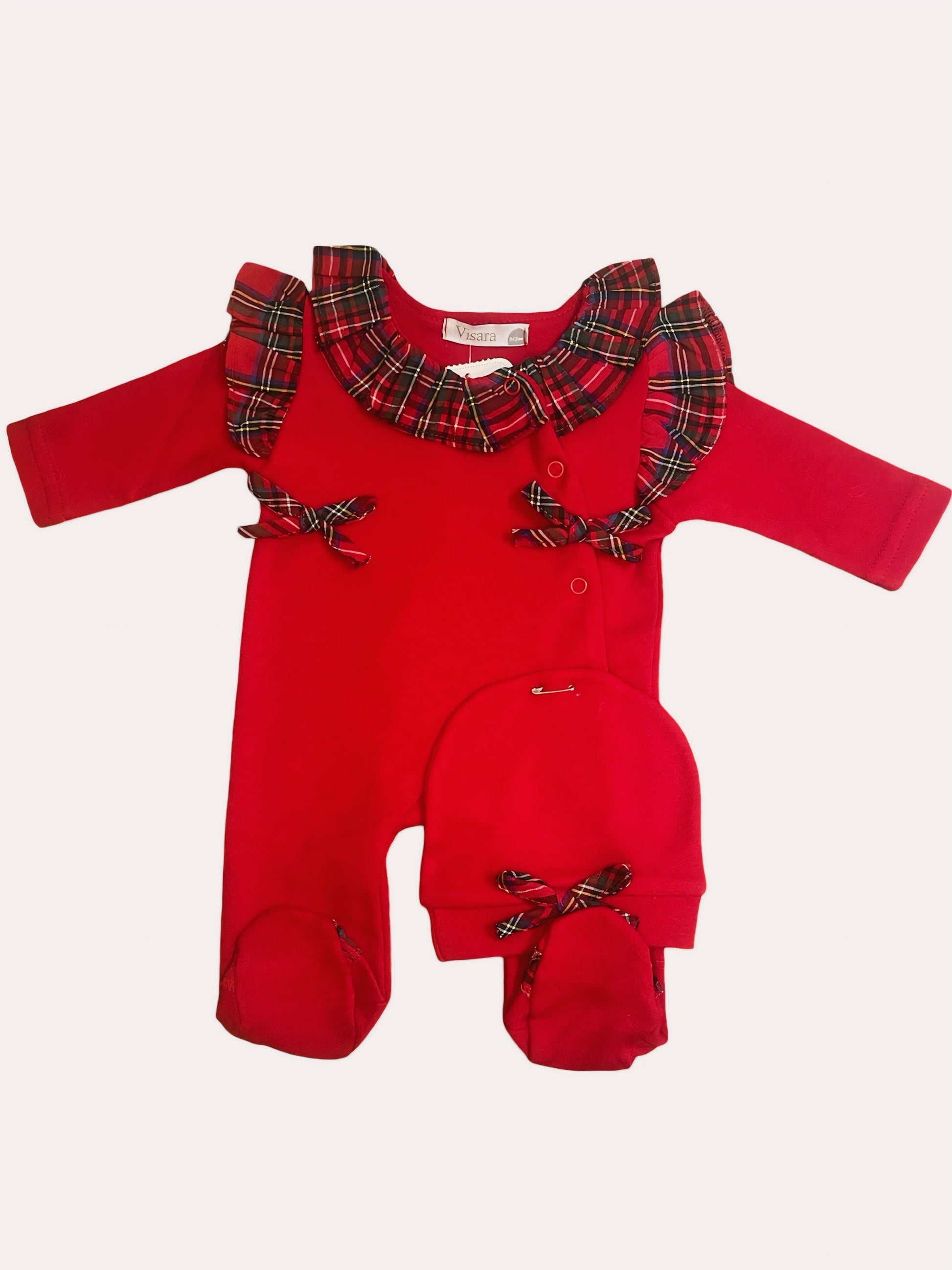 Rood Babyrompertje met Geruite Kraag en Muts