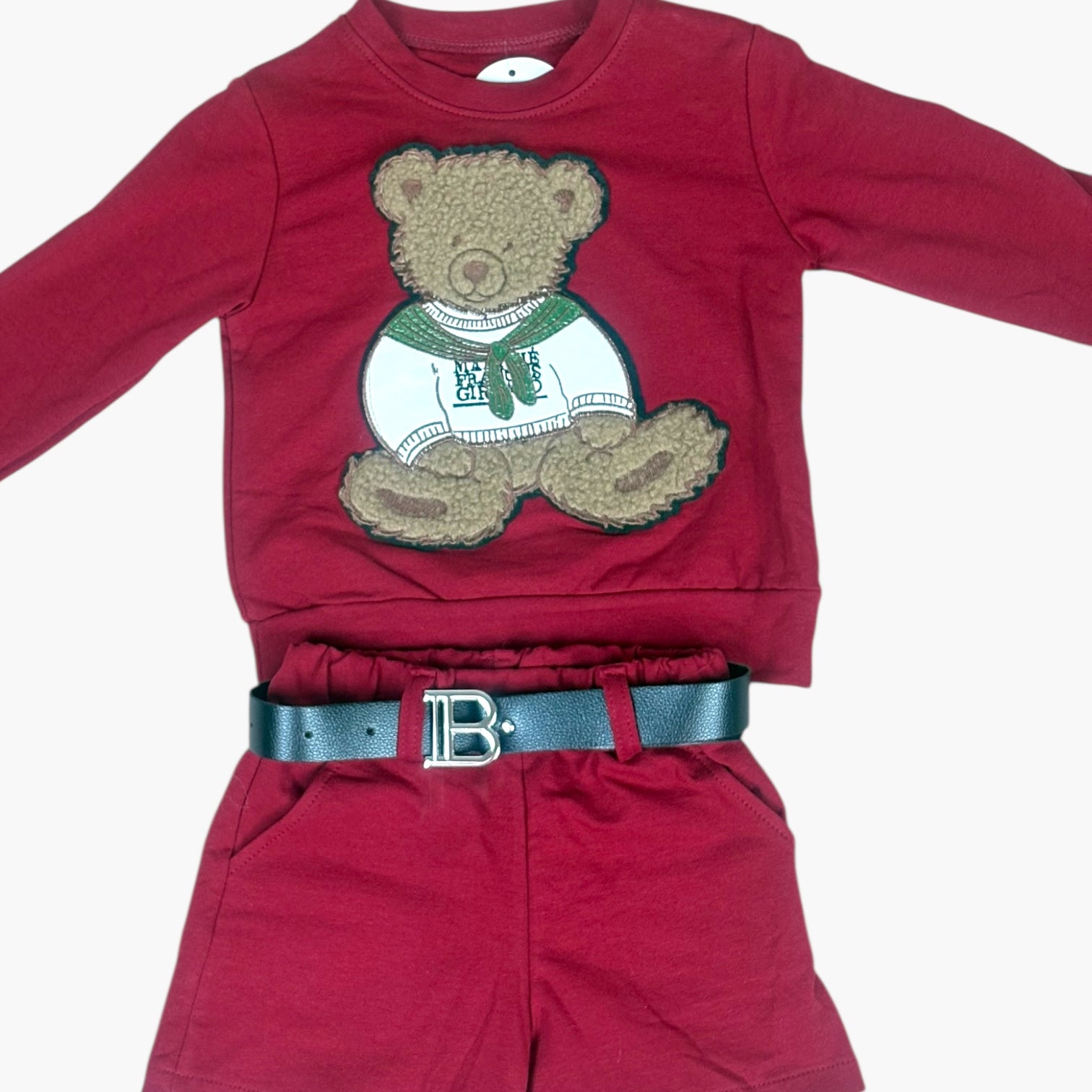 2-delige rode meisjesoutfit met teddybeer trui & short