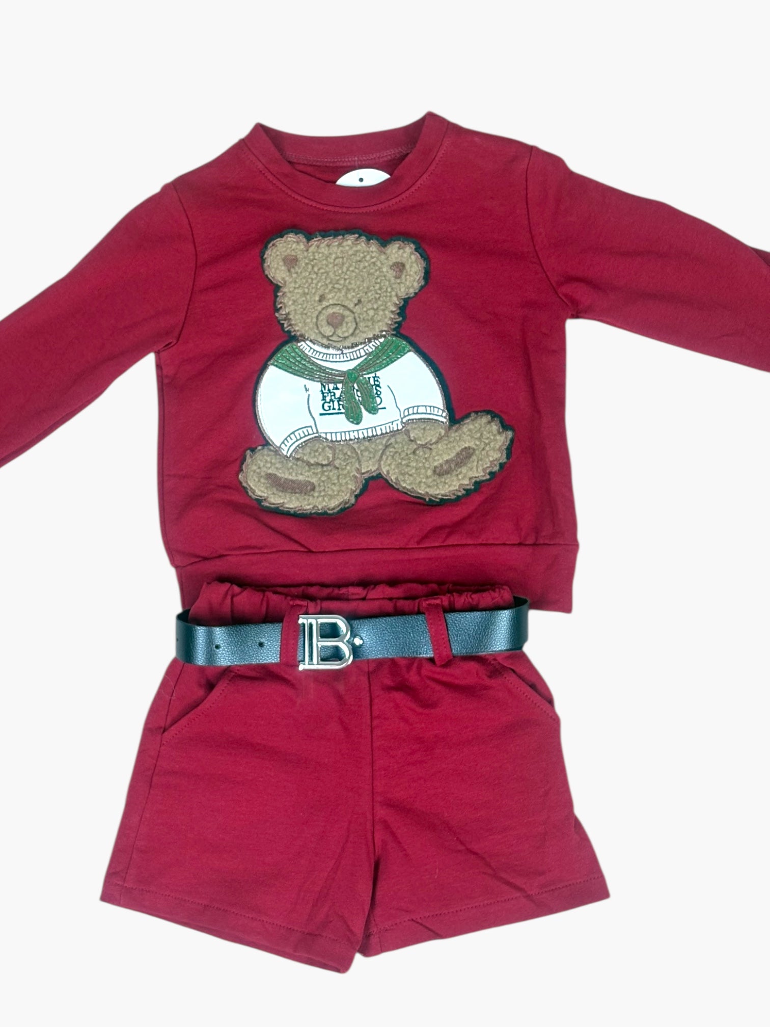 2-delige rode meisjesoutfit met teddybeer trui & short