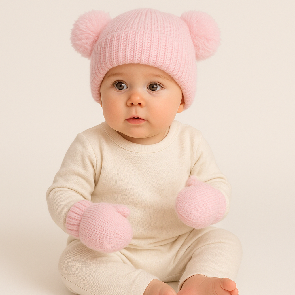 Roze baby muts en wantjes set