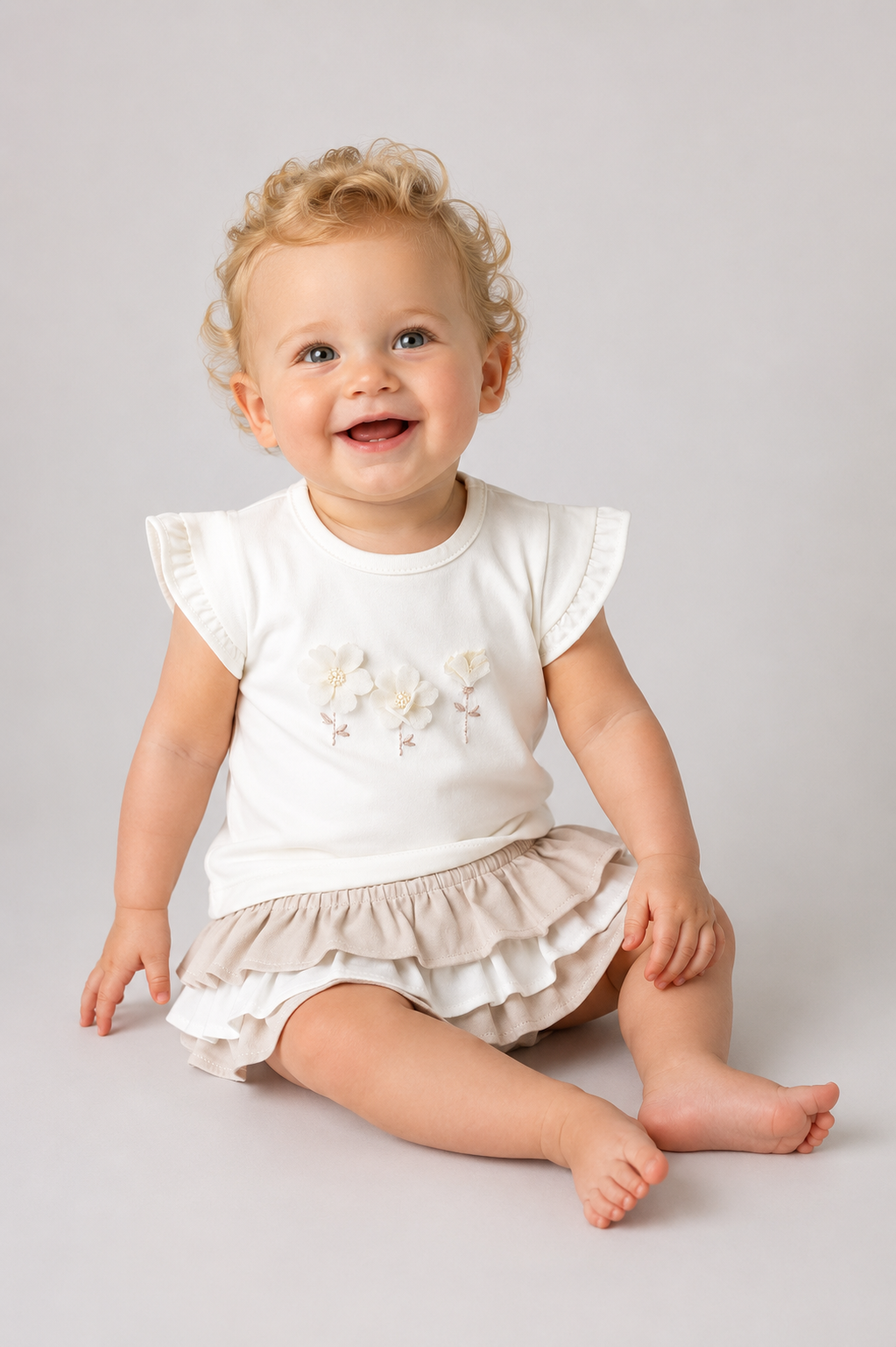 Detail iDO baby t-shirt ecru met vlindermouwen, drukknoop en 3D stofbloemetjes met borduurdetails