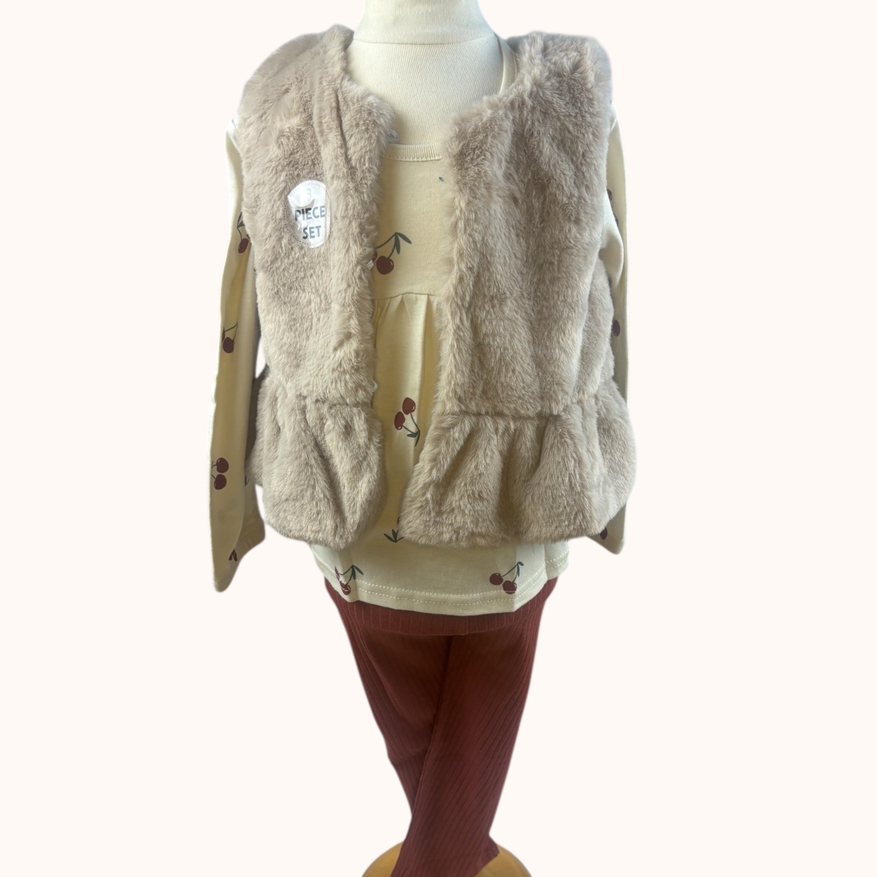 Baby meisjes set met kersenprint en faux fur gilet