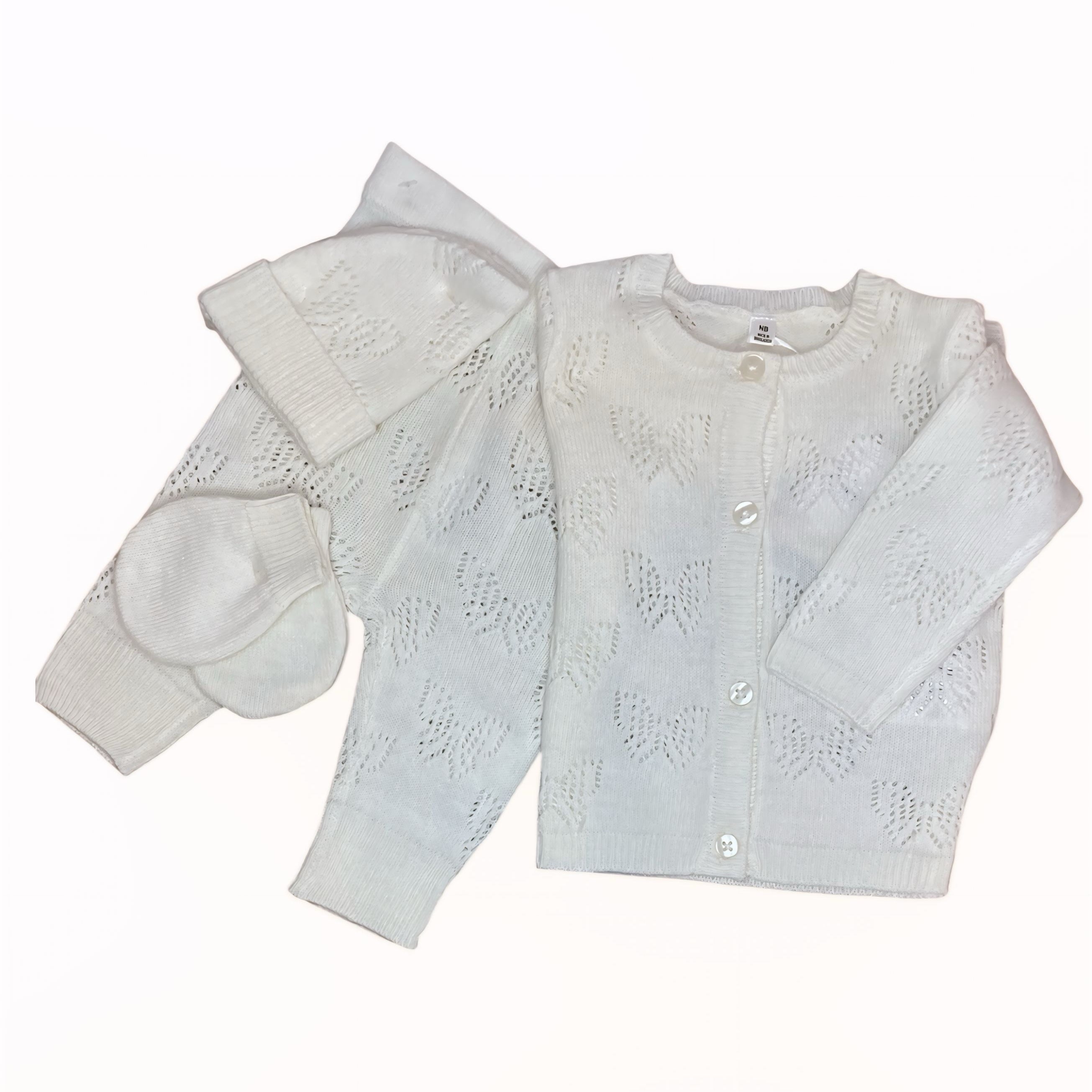 4-delige gebreide babyset - Cardigan, broek, muts & wantjes