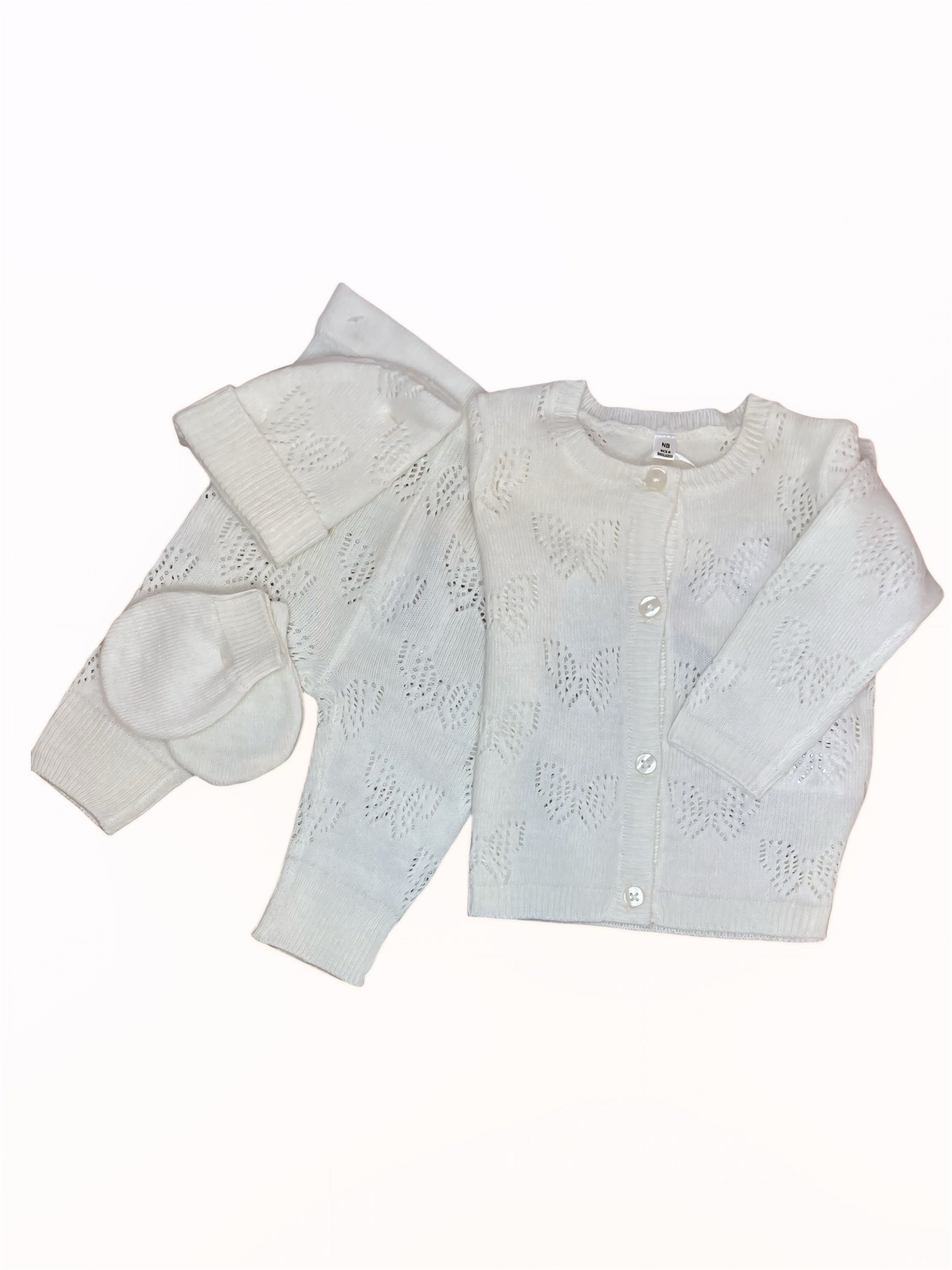 4-delige gebreide babyset - Cardigan, broek, muts & wantjes