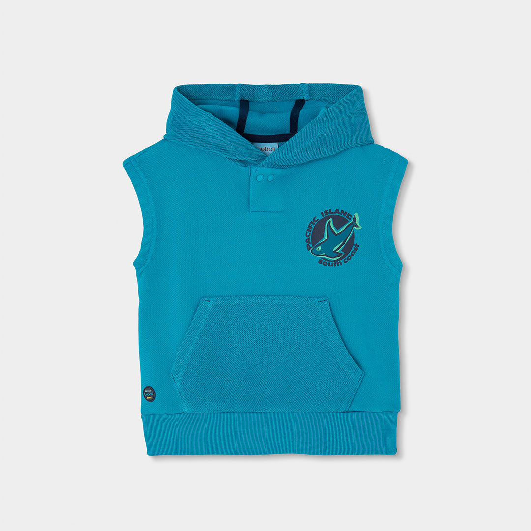 Boboli petrolblauwe jongens mouwloze hoodie met haaienprint