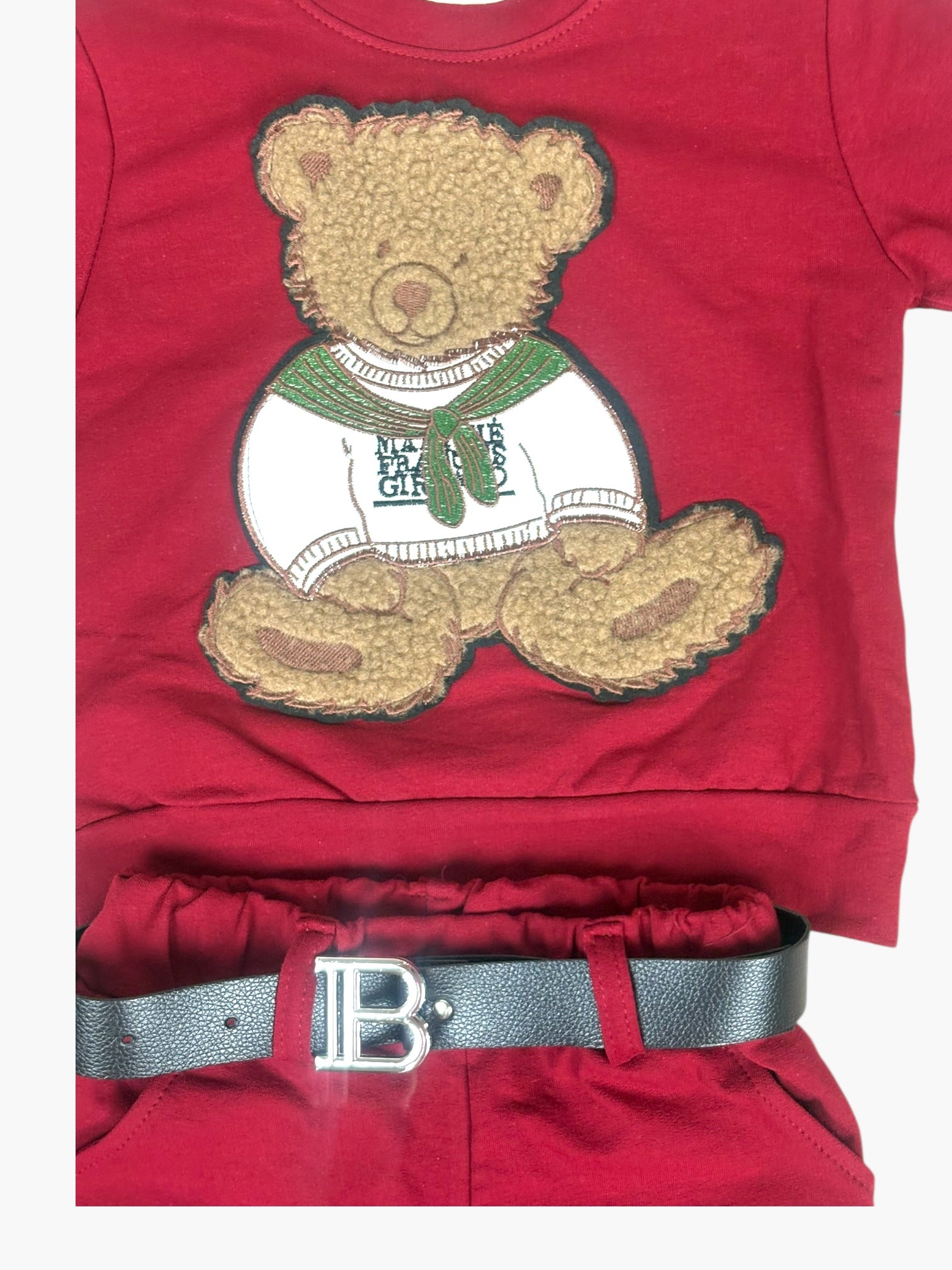 2-delige rode meisjesoutfit met teddybeer trui & short