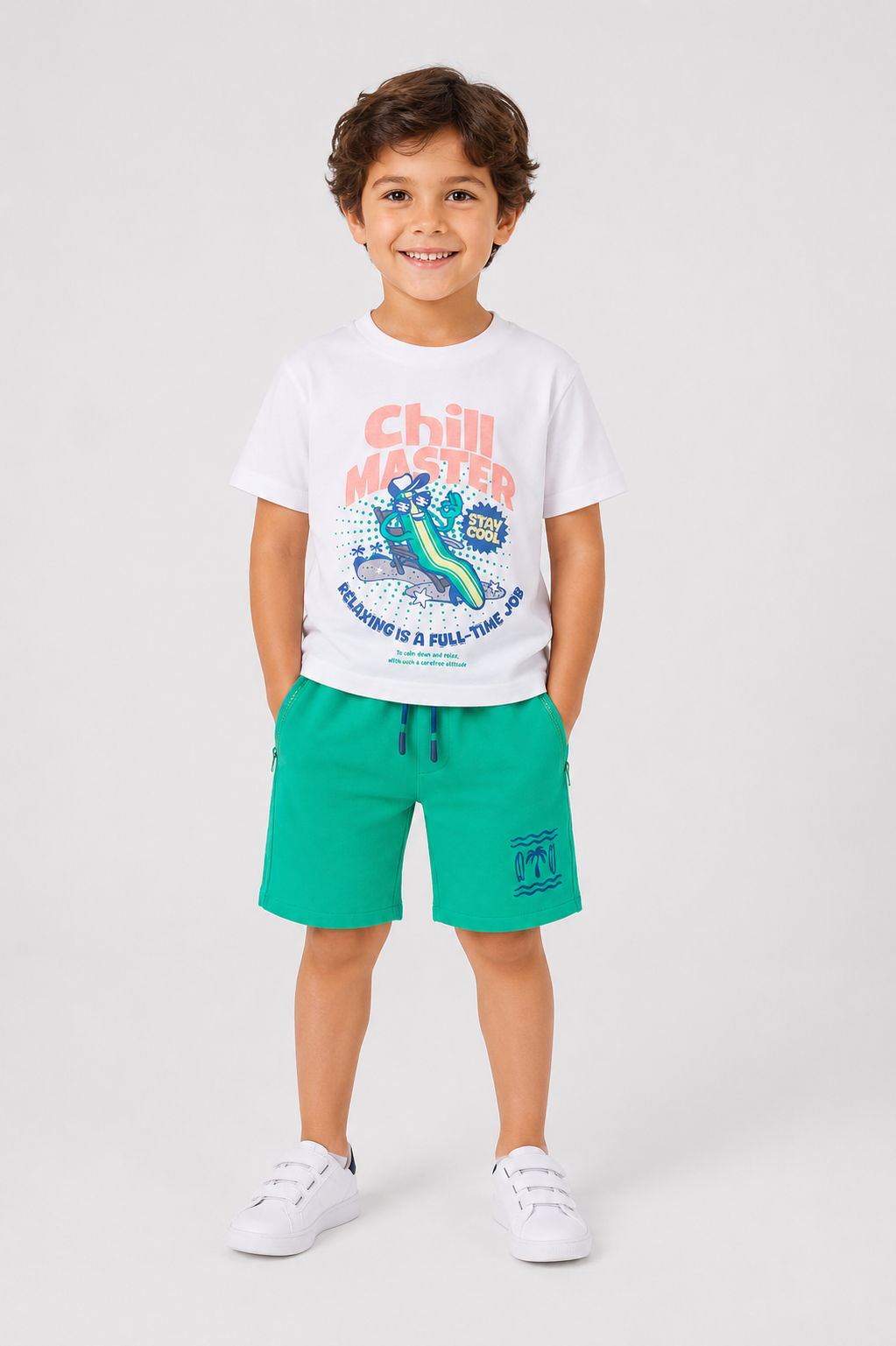 Jongens shorts groen sweat met ritszakken palmboom surfboard print