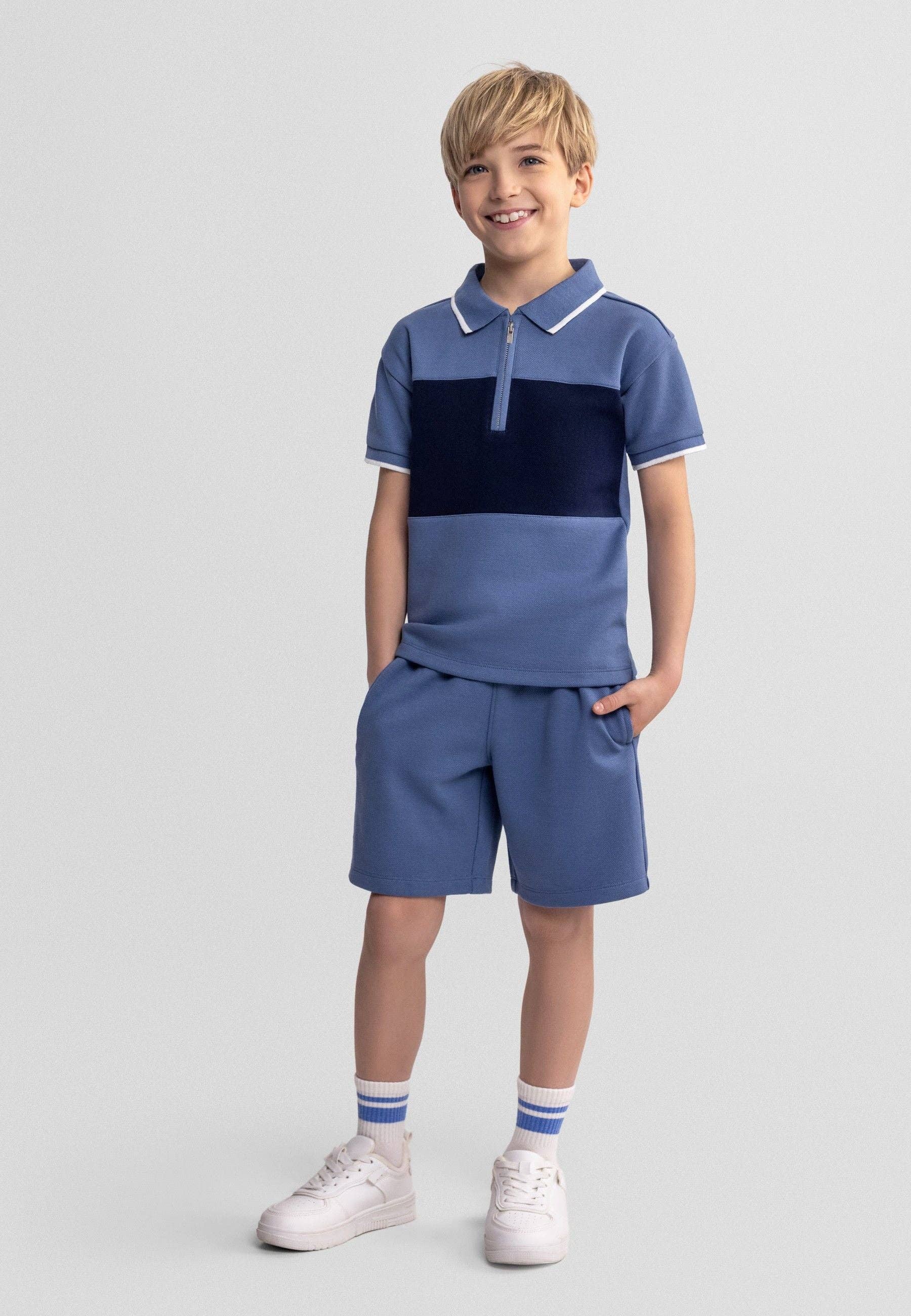 Minoti jongens set blauw polo met rits en short zomerset kinderkleding
