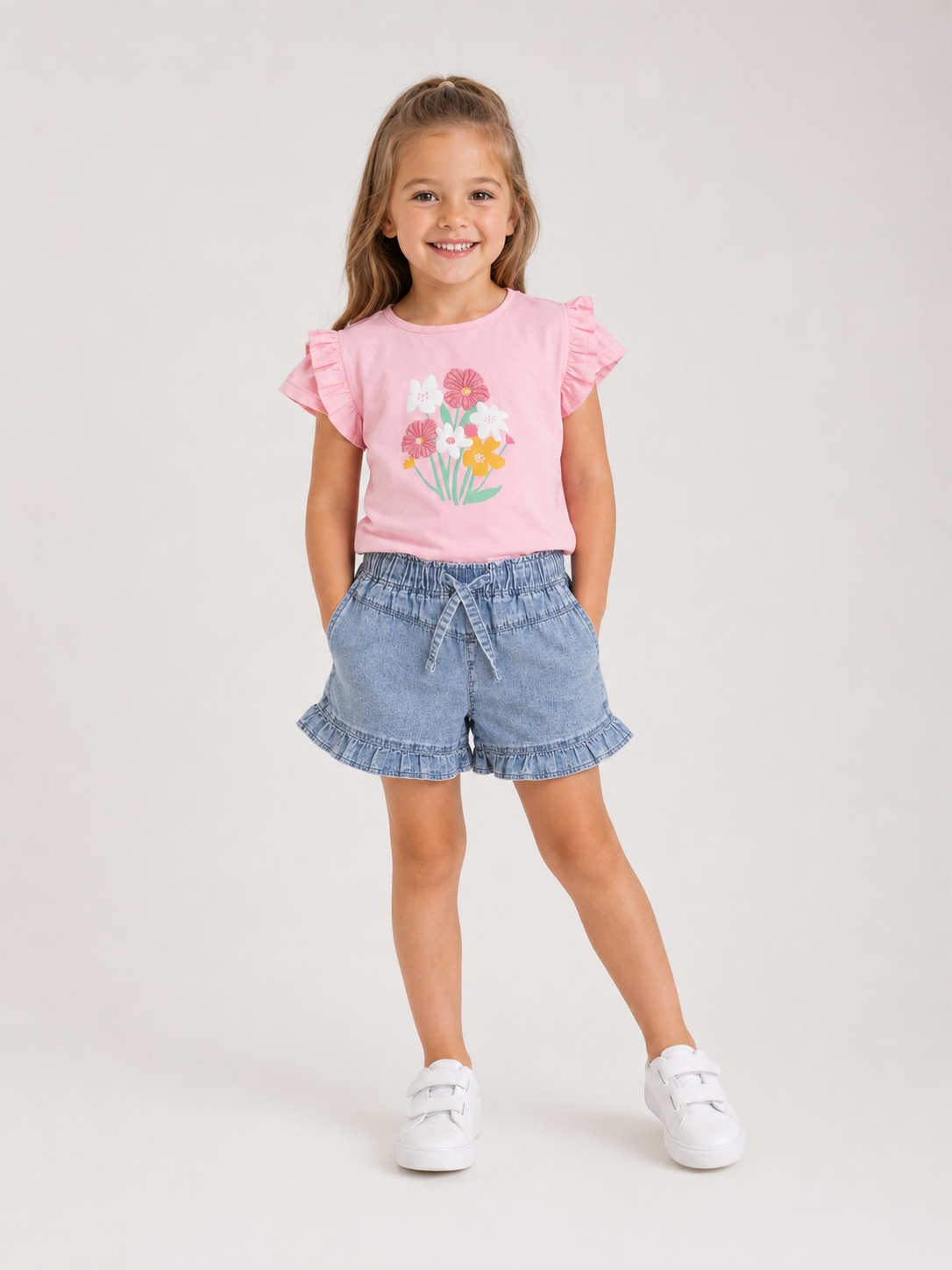 Meisjes denim short met ruches