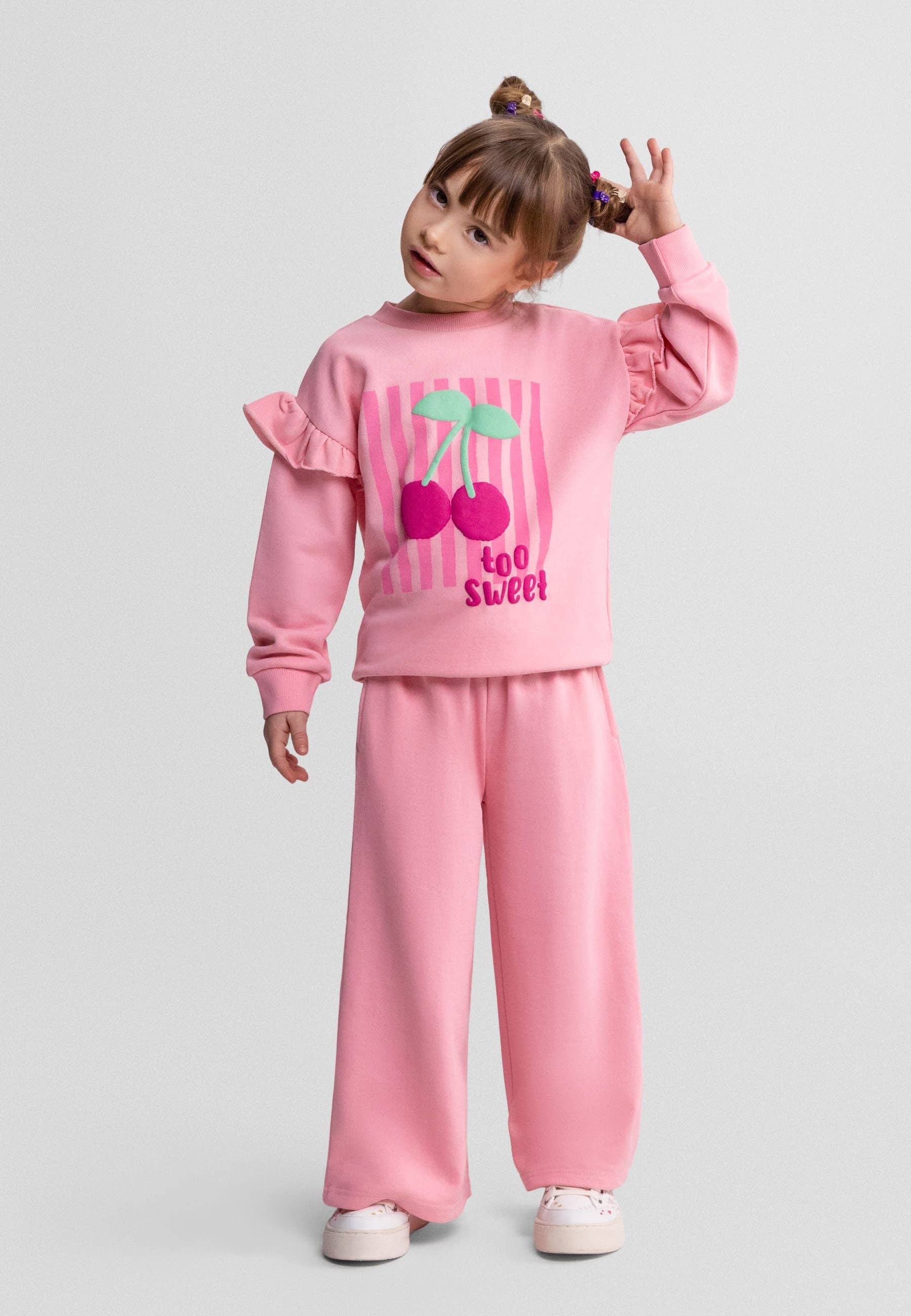 Roze meisjes set met sweater en broek met kersenprint