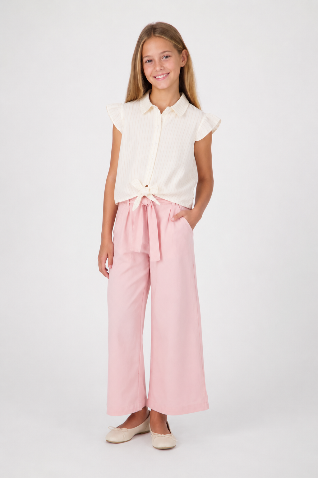 Roze culotte broek voor meisjes met strikceintuur – wijde pijpen