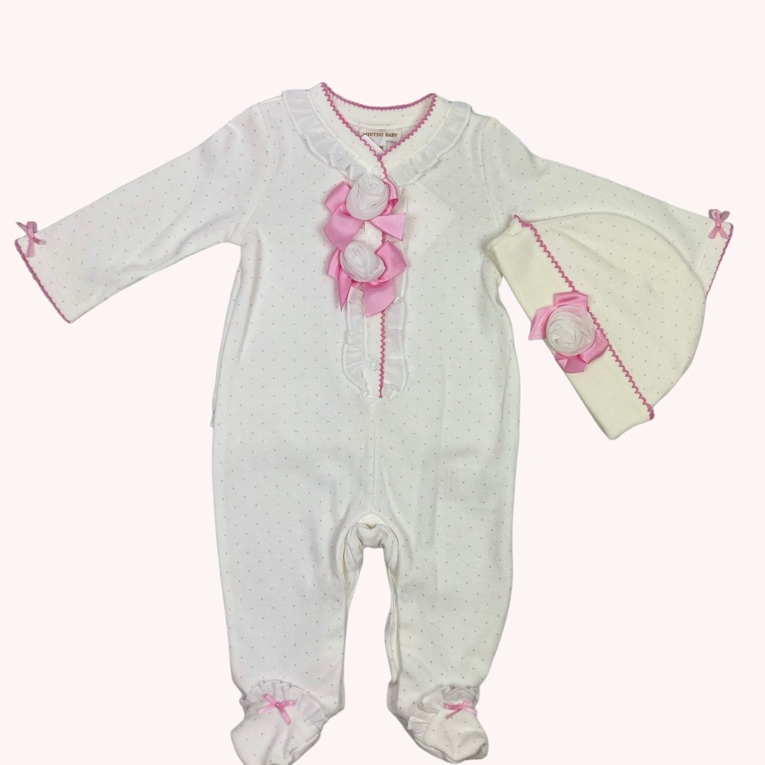 Witte Babypyjama met Roze Strikjes & Mutsje