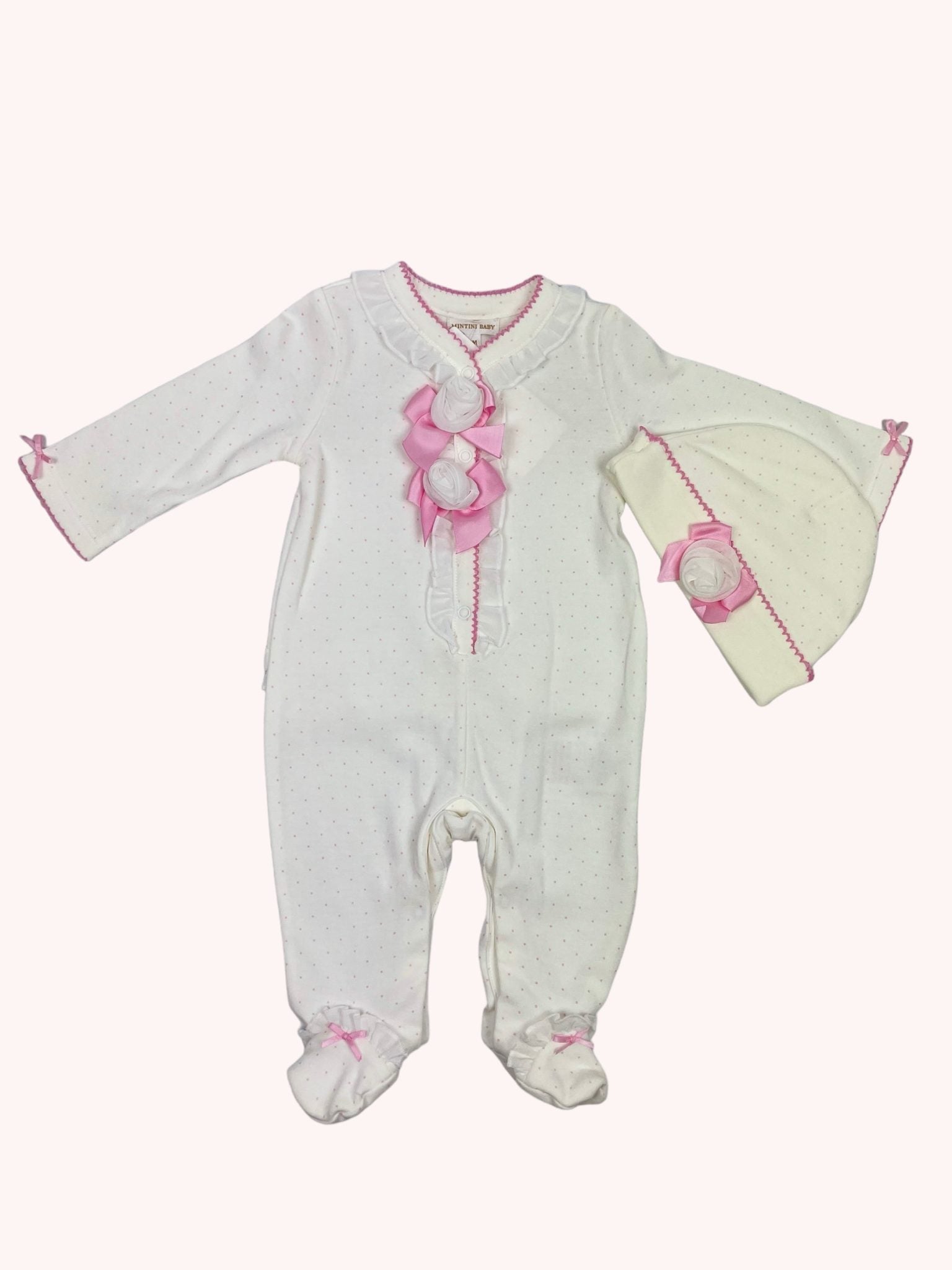 Witte Babypyjama met Roze Strikjes & Mutsje