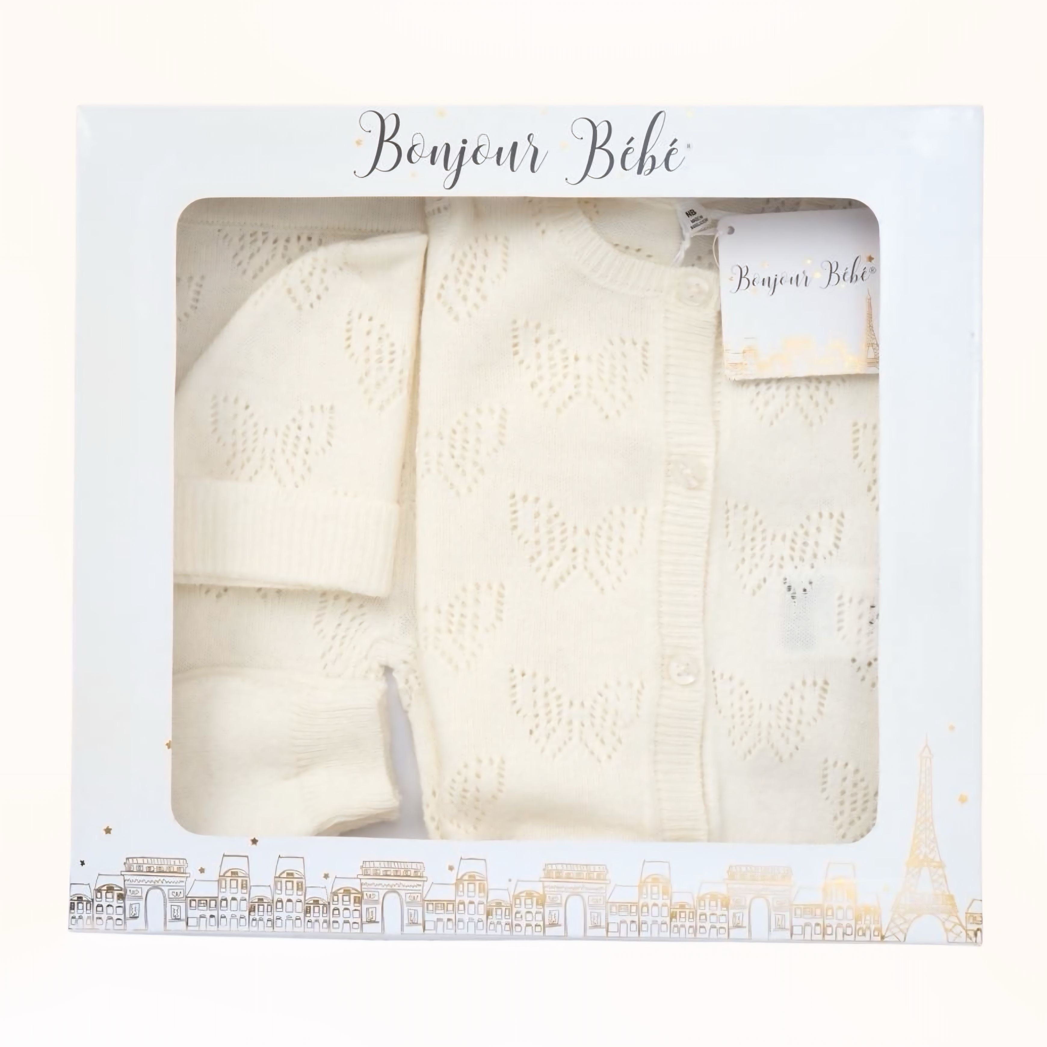 4-delige gebreide babyset - Cardigan, broek, muts & wantjes