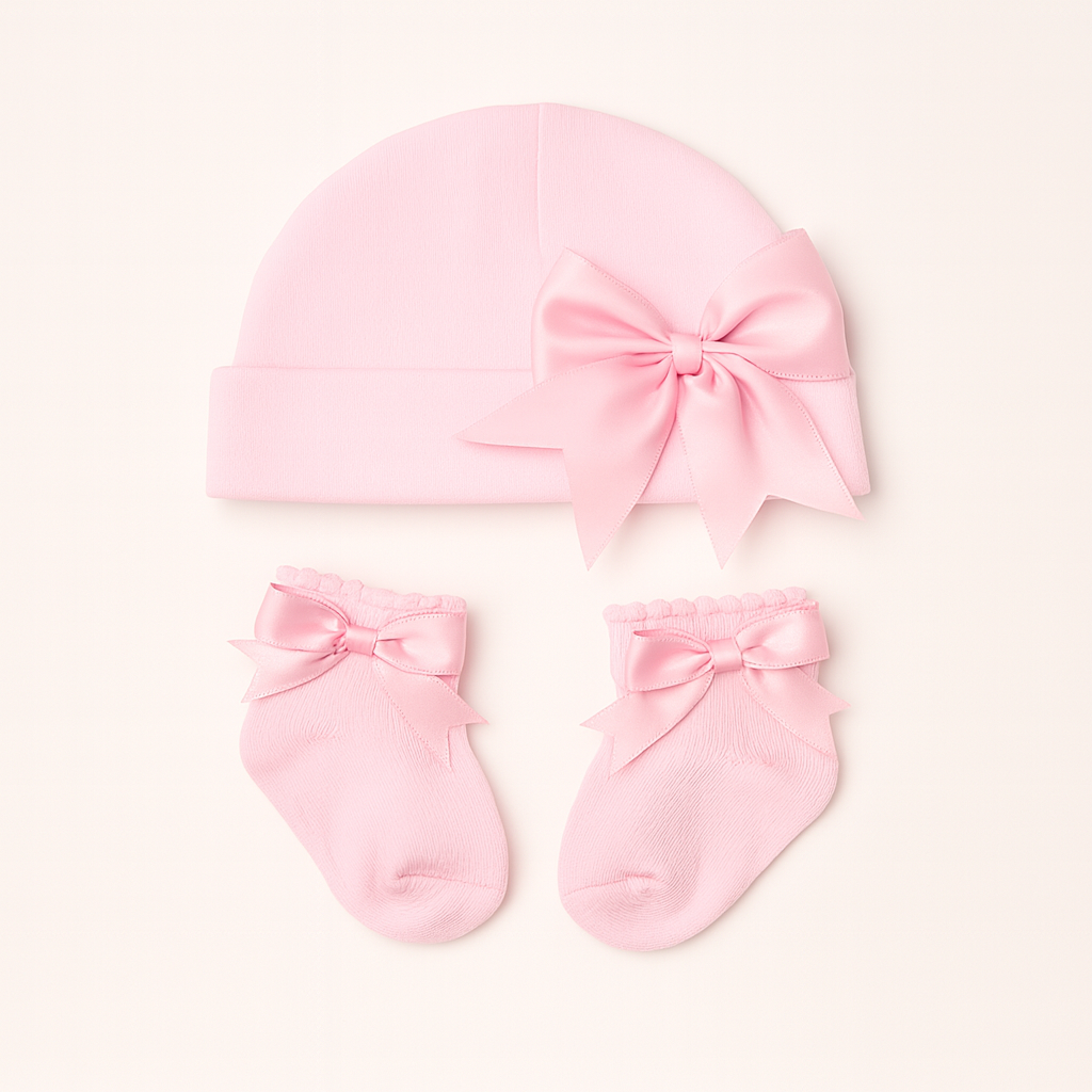 Roze baby muts en sokjes set met strik