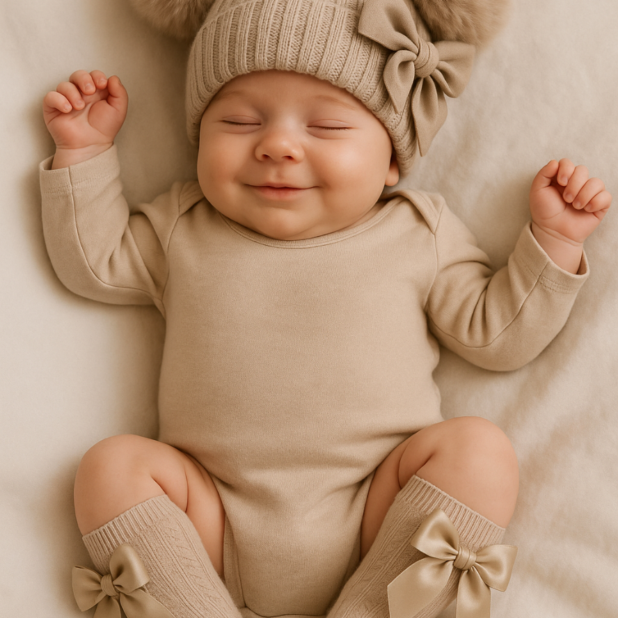 Beige gebreide babymuts met pompons – Elisa Kids Boutique