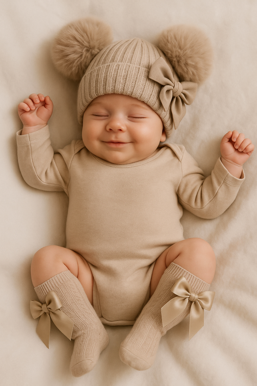 Beige gebreide babymuts met pompons – Elisa Kids Boutique