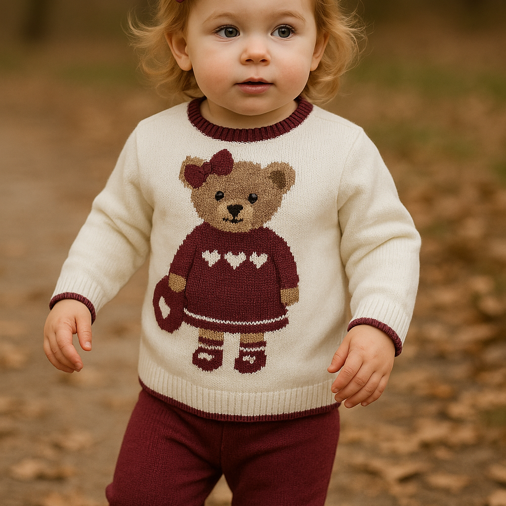 Gebreide baby meisjes set met beertje – Bordeaux & crème