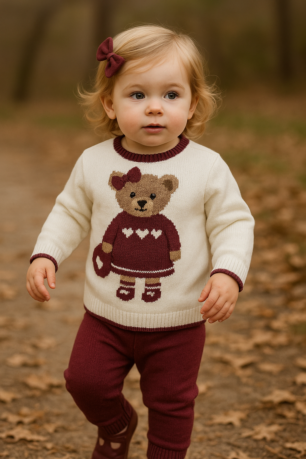 Gebreide baby meisjes set met beertje – Bordeaux & crème