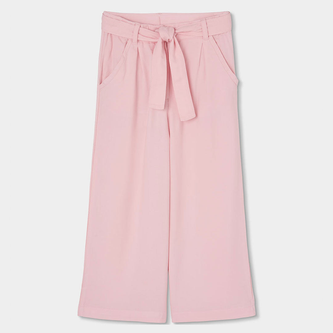 Roze culotte broek voor meisjes met strikceintuur, vooraanzicht
