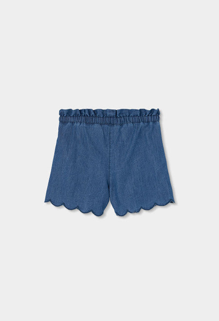 Achterkant lichte denim meisjes shorts Boboli met hoge paperbag elastische tailleband en scallop zoom – Elisa Kids Boutique