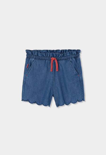 Lichte denim meisjes shorts Boboli met hoge paperbag taille, rood trekkoord en scallop schulprand zoom – Elisa Kids Boutique
