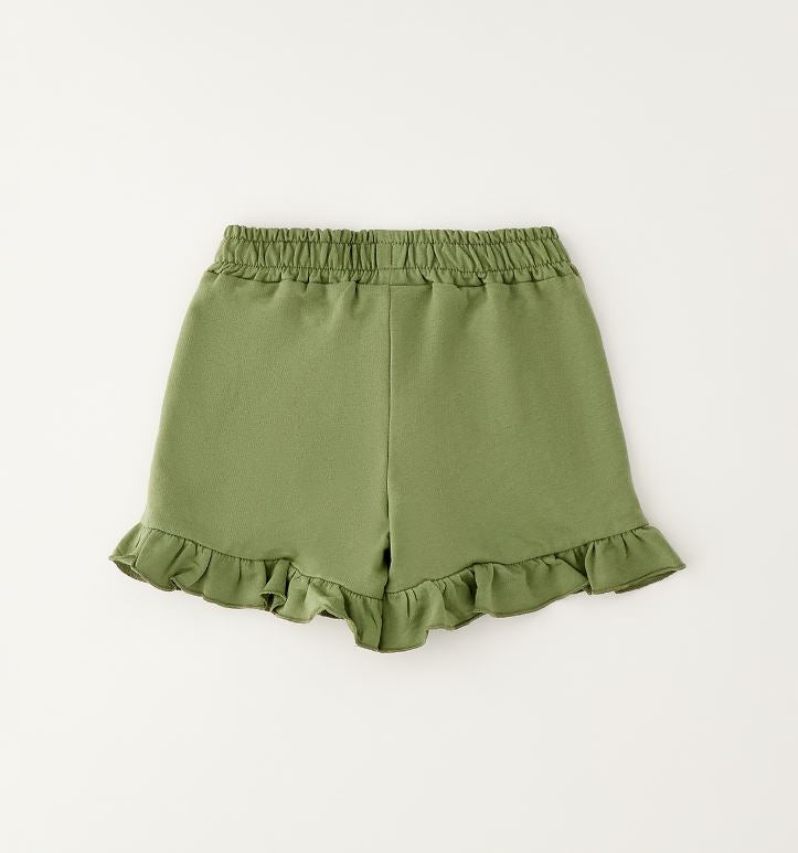 Zachte korte broek meisjes olijfgroen met gerimpelde taille en ruche zoom