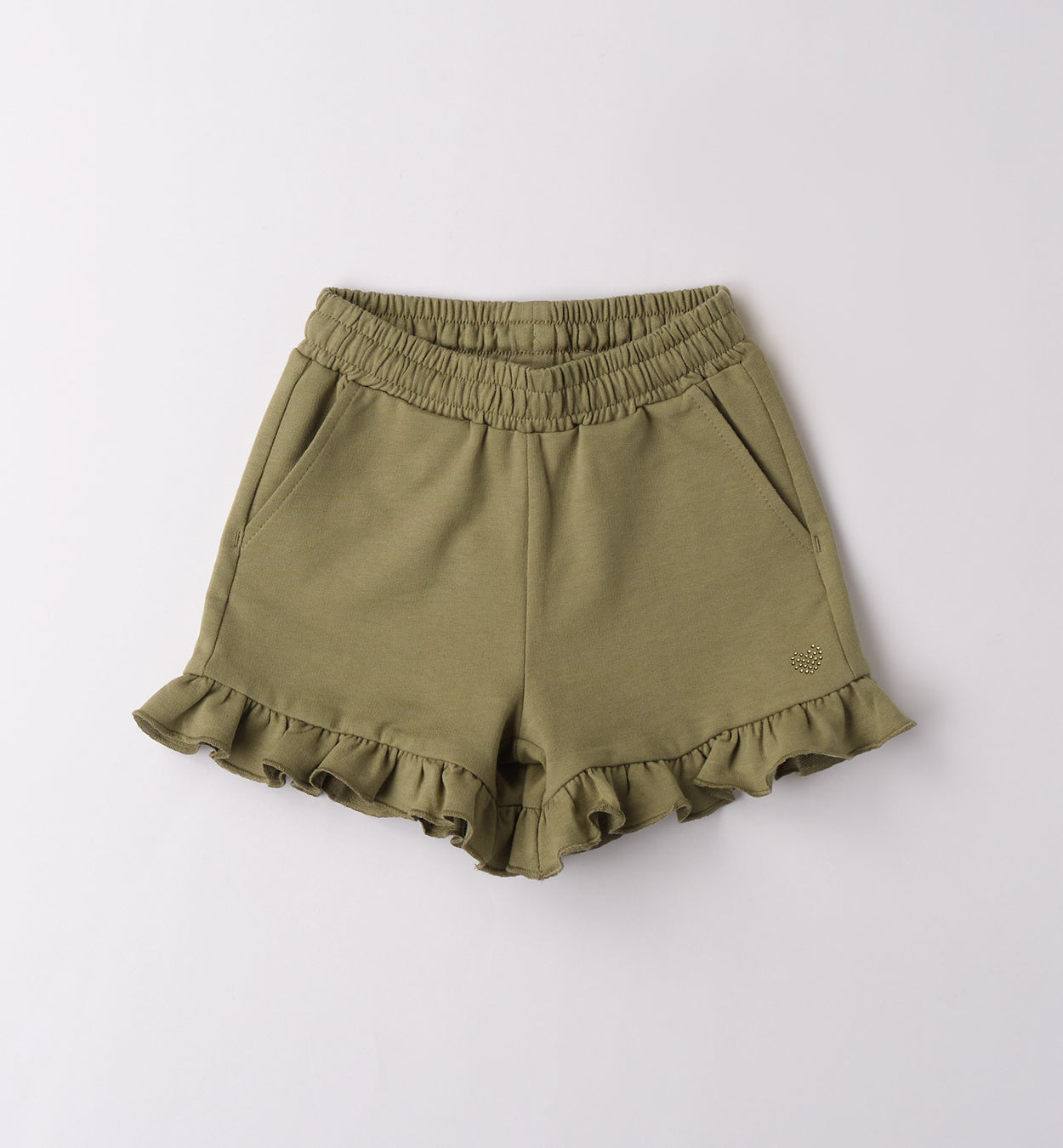 Olijfgroene sweatshort meisjes met ruche-afwerking en elastische tailleband