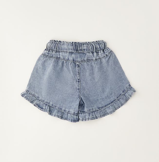 Achterzijde lichtblauwe denim short met ruches aan de pijpjes
