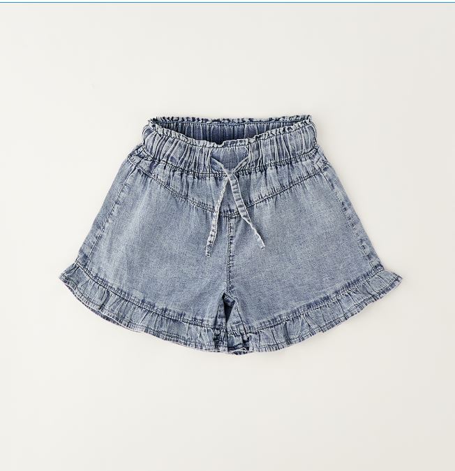 DO lichtblauwe meisjes denim short met ruches en striklint