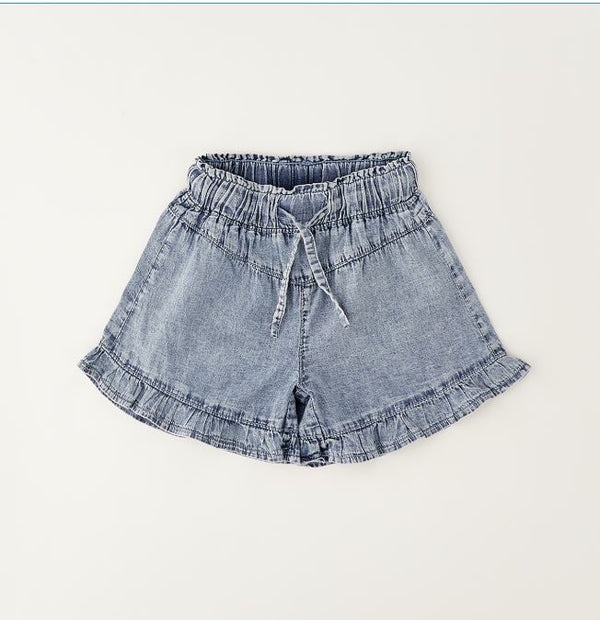 DO lichtblauwe meisjes denim short met ruches en striklint