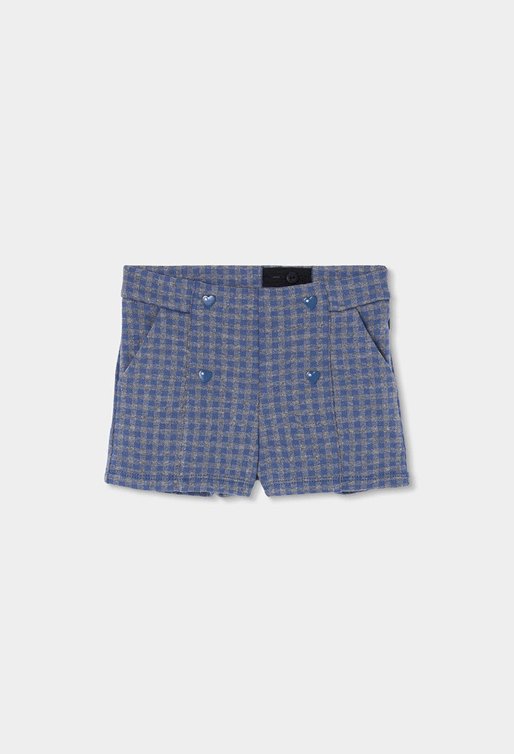 blauw geruite Boboli short voor meisjes met hartjesknoopjes, vooraanzicht
