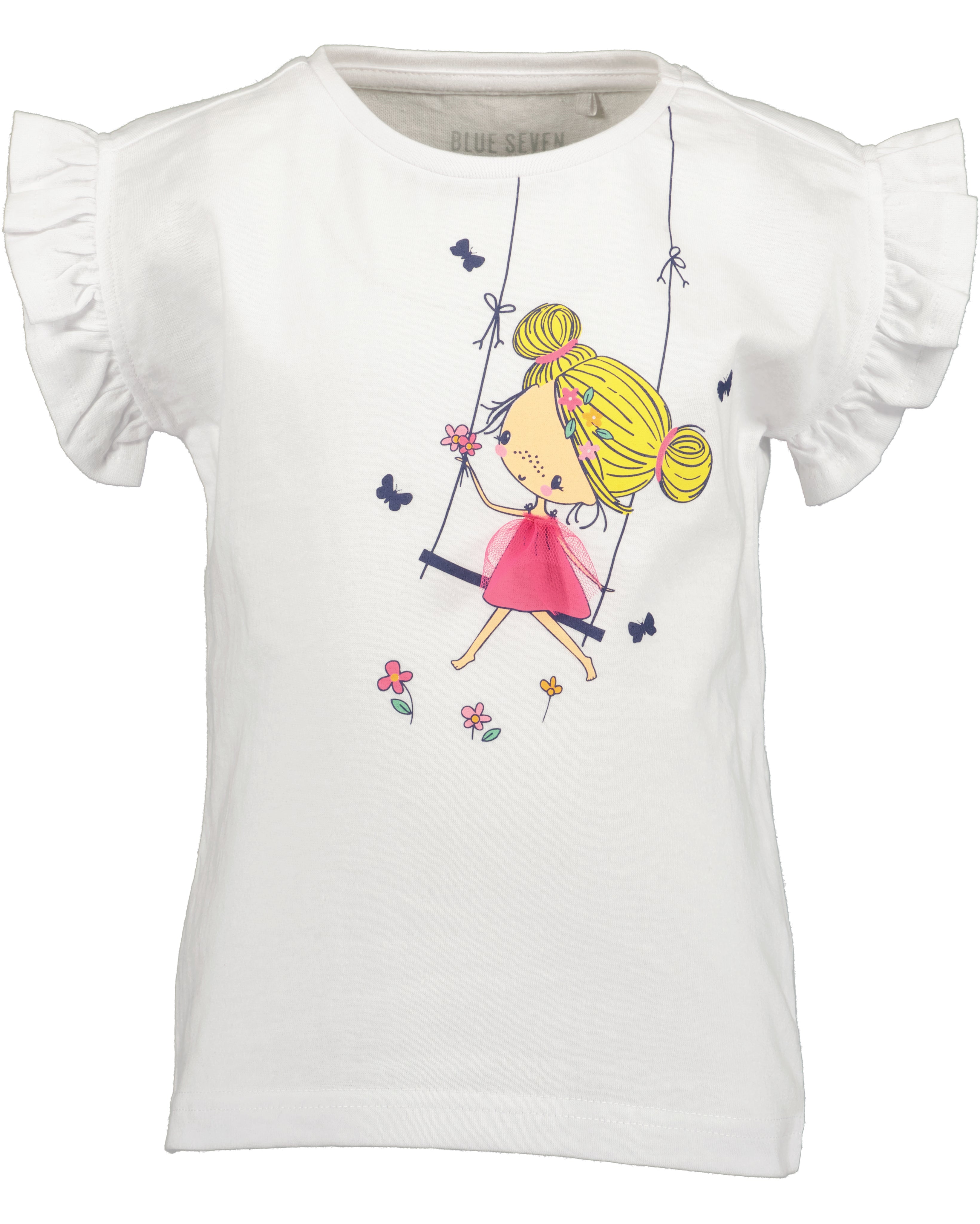 Meisjes t-shirt wit met schommelend meisje print en ruchemouwen – Elisa Kids Boutique