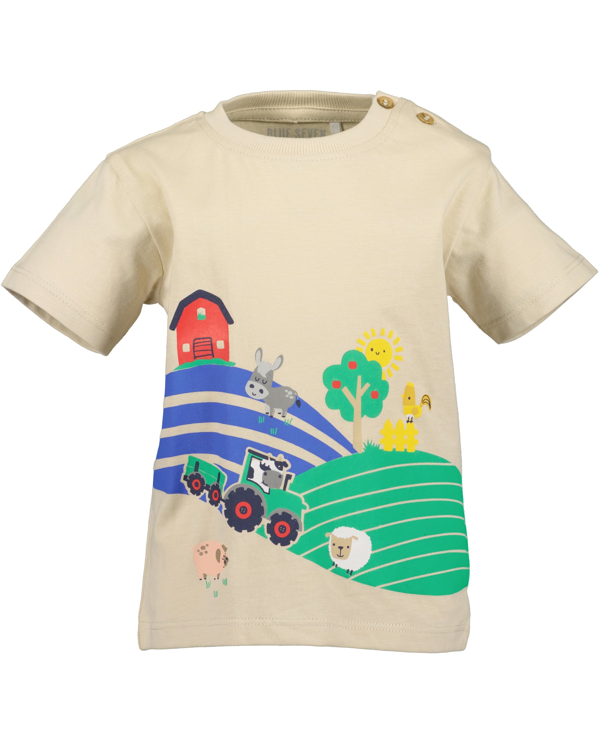 Beige baby jongens t-shirt Blue Seven met kleurrijke boerderijscène print met tractor, schuur, dieren en lachende zon – Elisa Kids Boutique