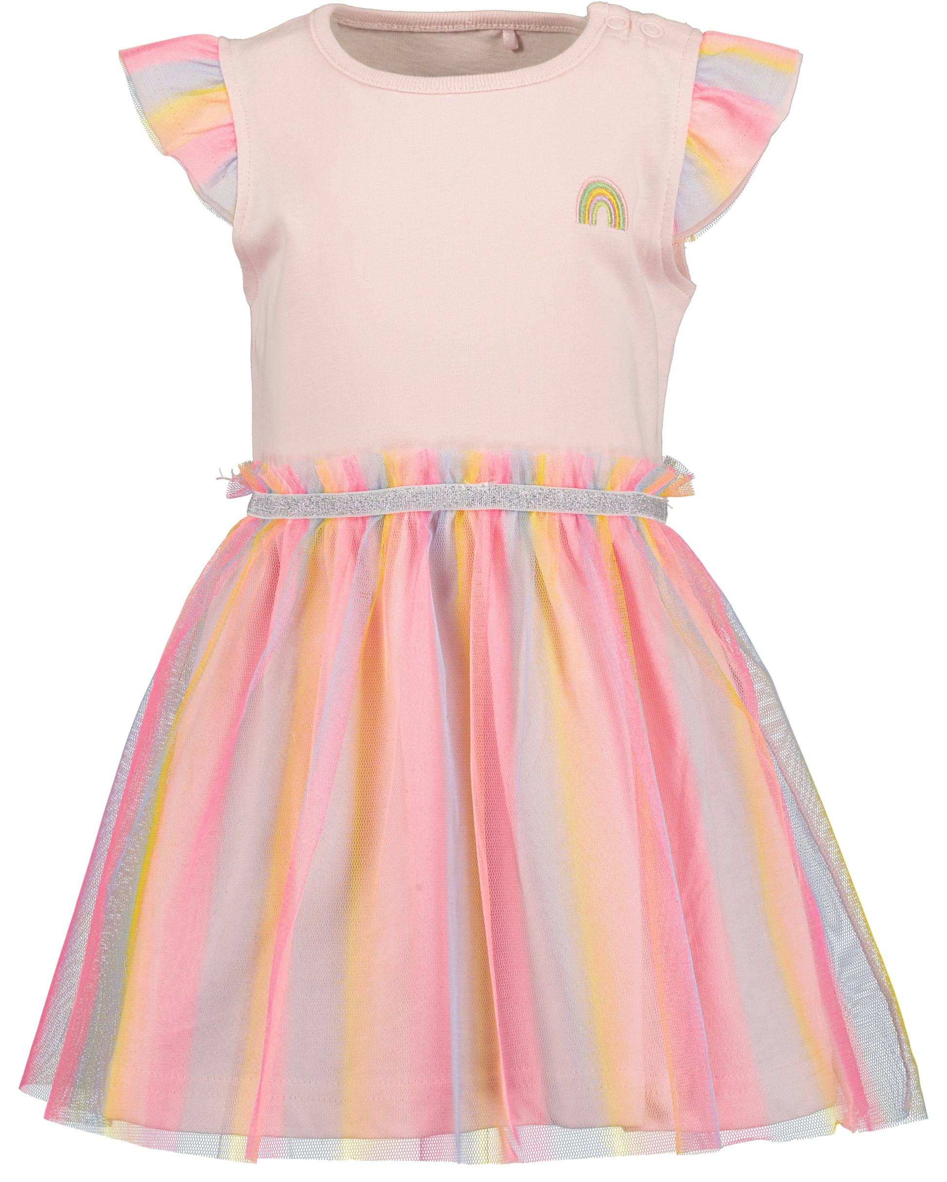 Baby meisjes jurk Blue Seven zachtroze met geborduurde regenboog, vlindermouwen in tule en regenboogkleurige tule rok met zilver glitterband – Elisa Kids Boutique
