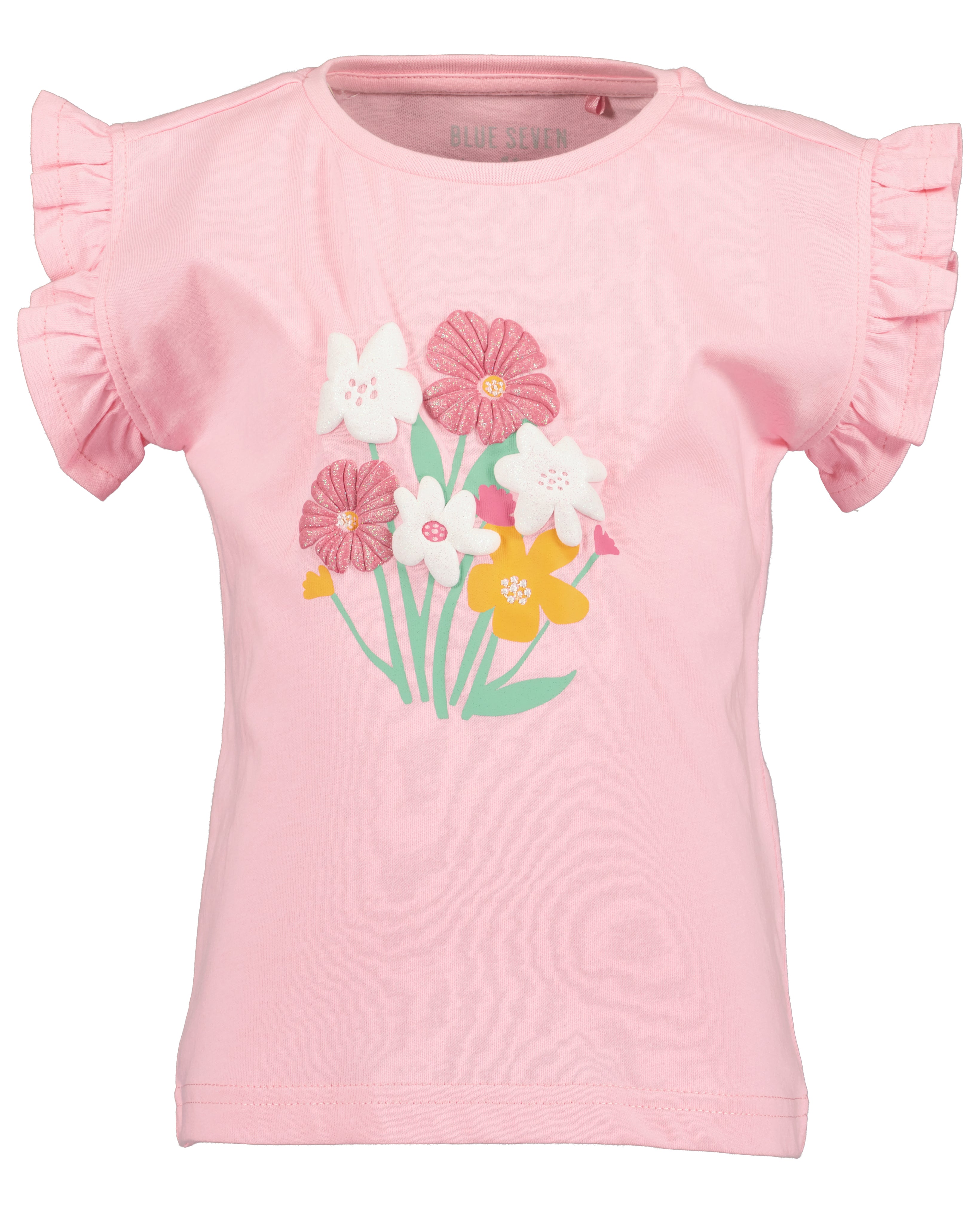 Meisjes t-shirt roze met 3D bloemen applicatie en ruchemouwen Blue Seven – Elisa Kids Boutique