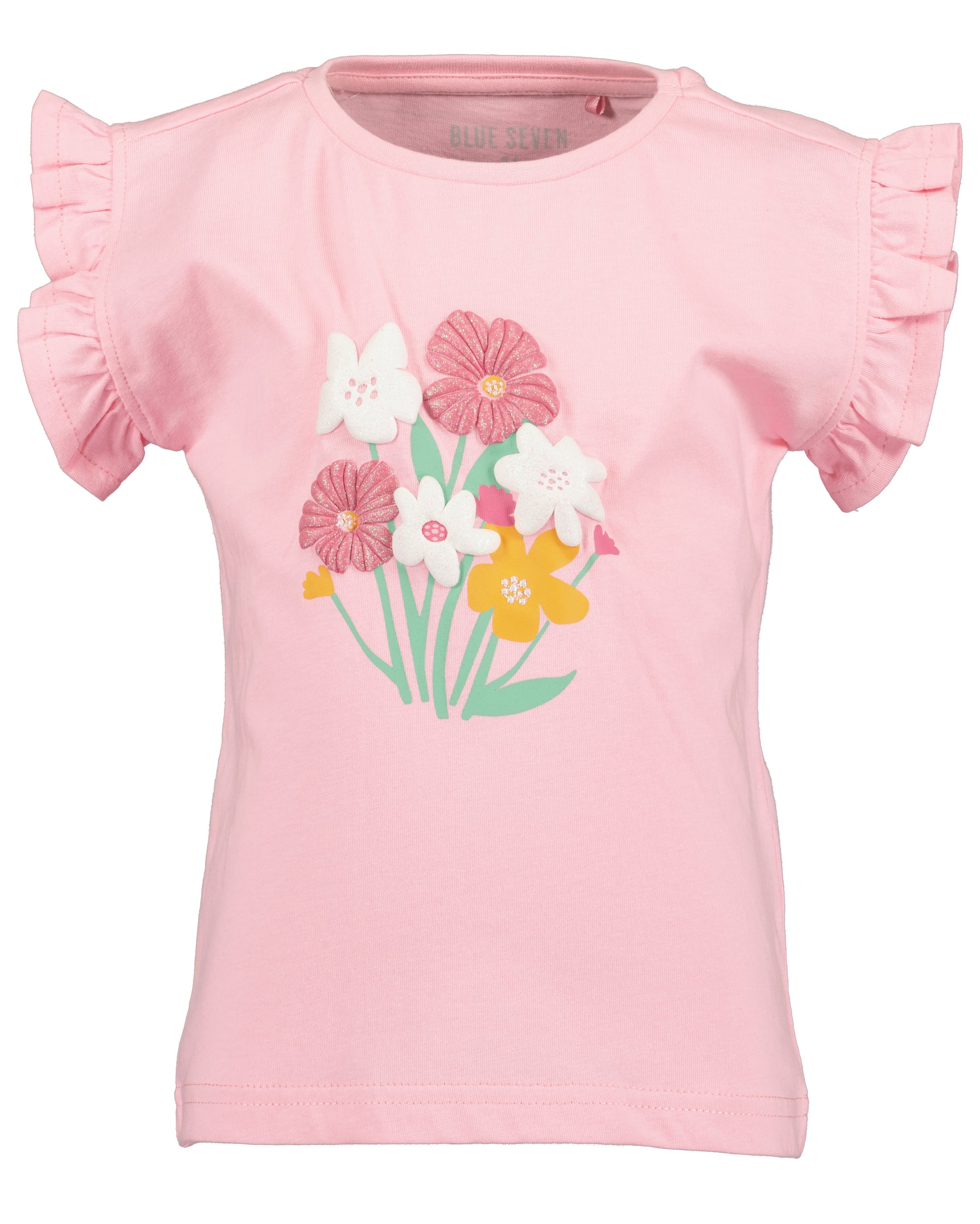 Roze meisjes t-shirt Blue Seven met 3D bloemen applicatie in roze, wit en geel met glitter en dubbele ruchemouwen – Elisa Kids Boutique