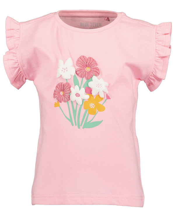 Roze meisjes t-shirt Blue Seven met 3D bloemen applicatie in roze, wit en geel met glitter en dubbele ruchemouwen – Elisa Kids Boutique