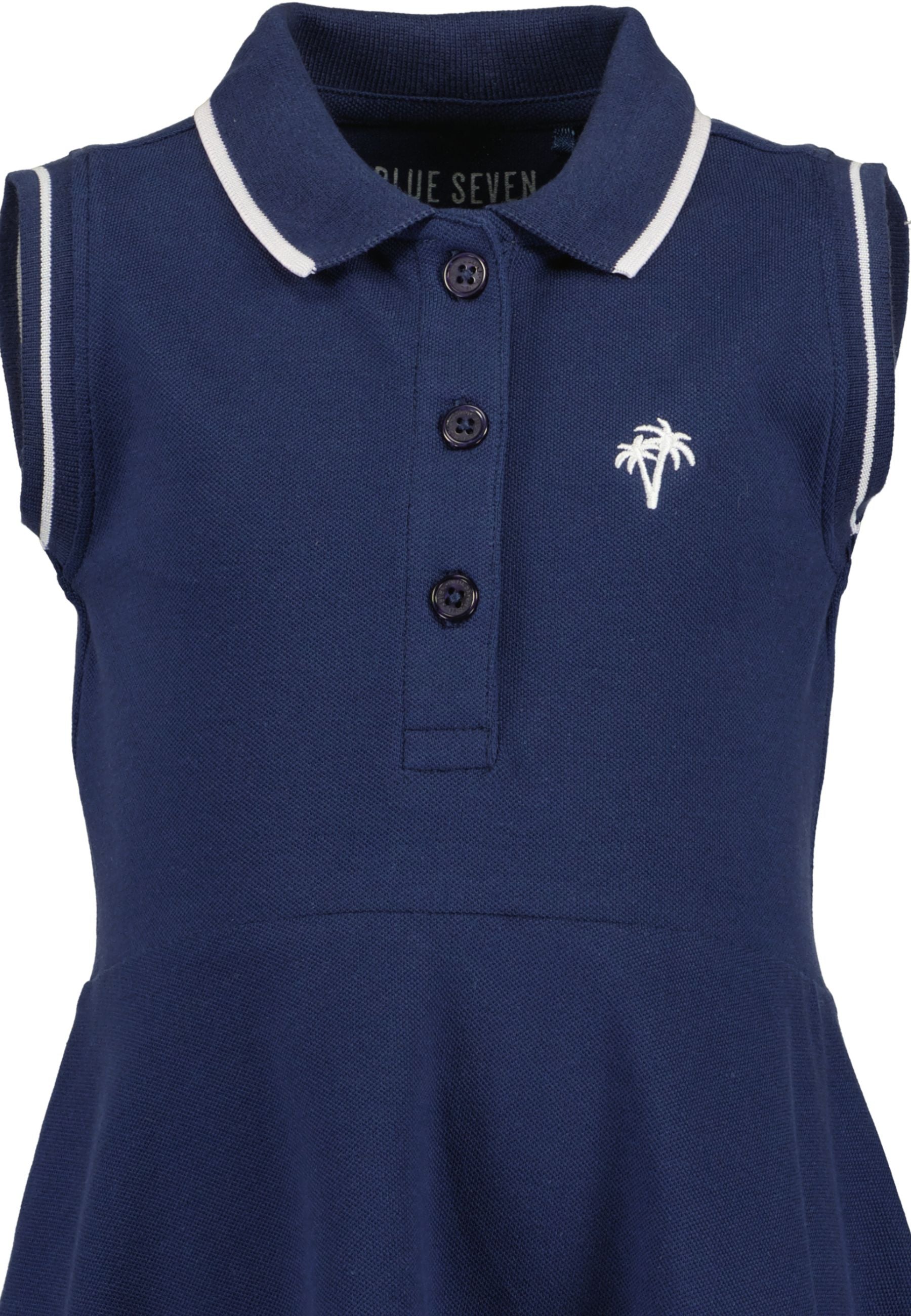 Detail polokraag en knooplijst van marineblauw meisjes polo jurk Blue Seven met wit palmboom borduursel – Elisa Kids Boutique