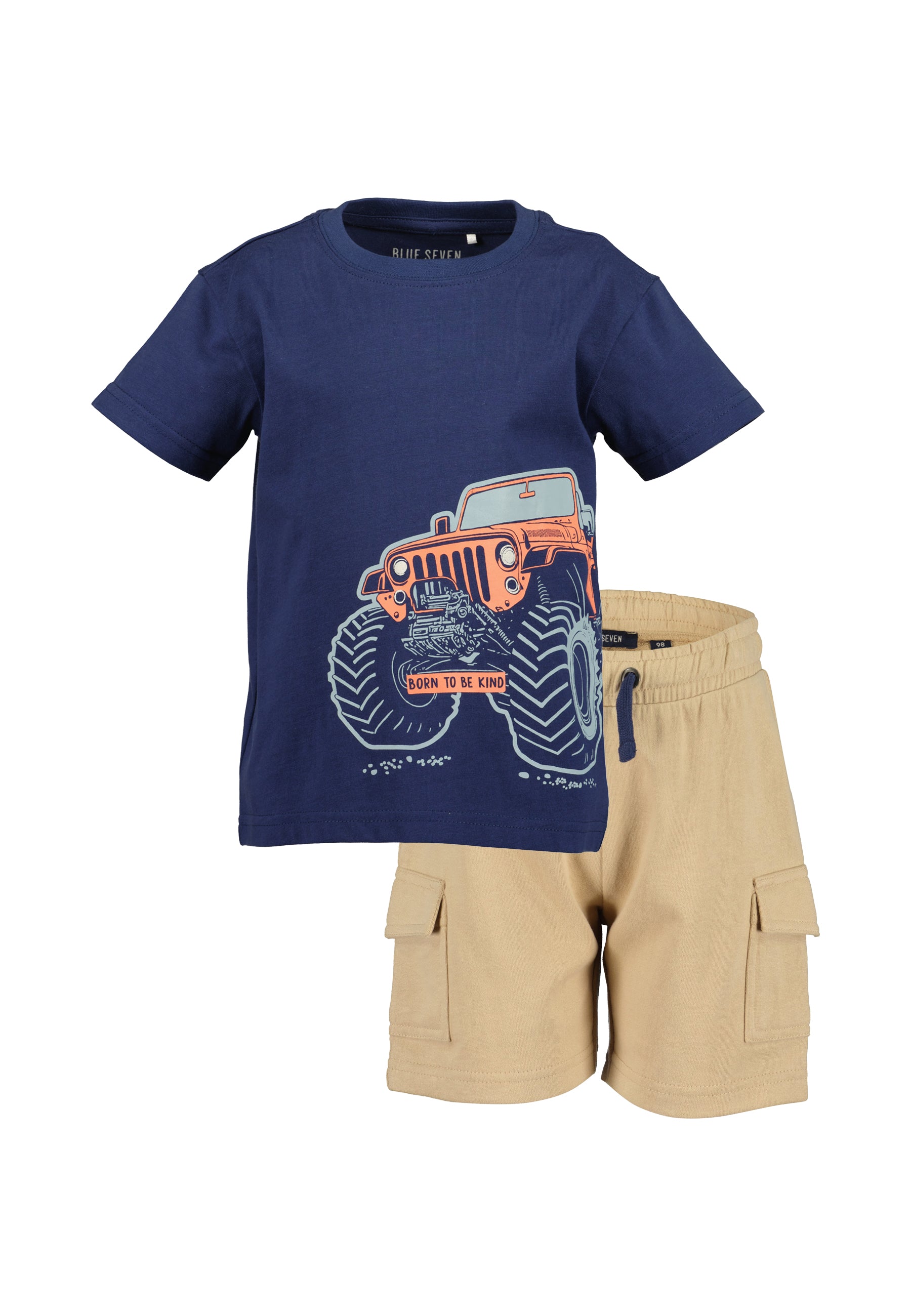 Jongens set t-shirt donkerblauw monster truck print en beige cargo shorts Blue Seven