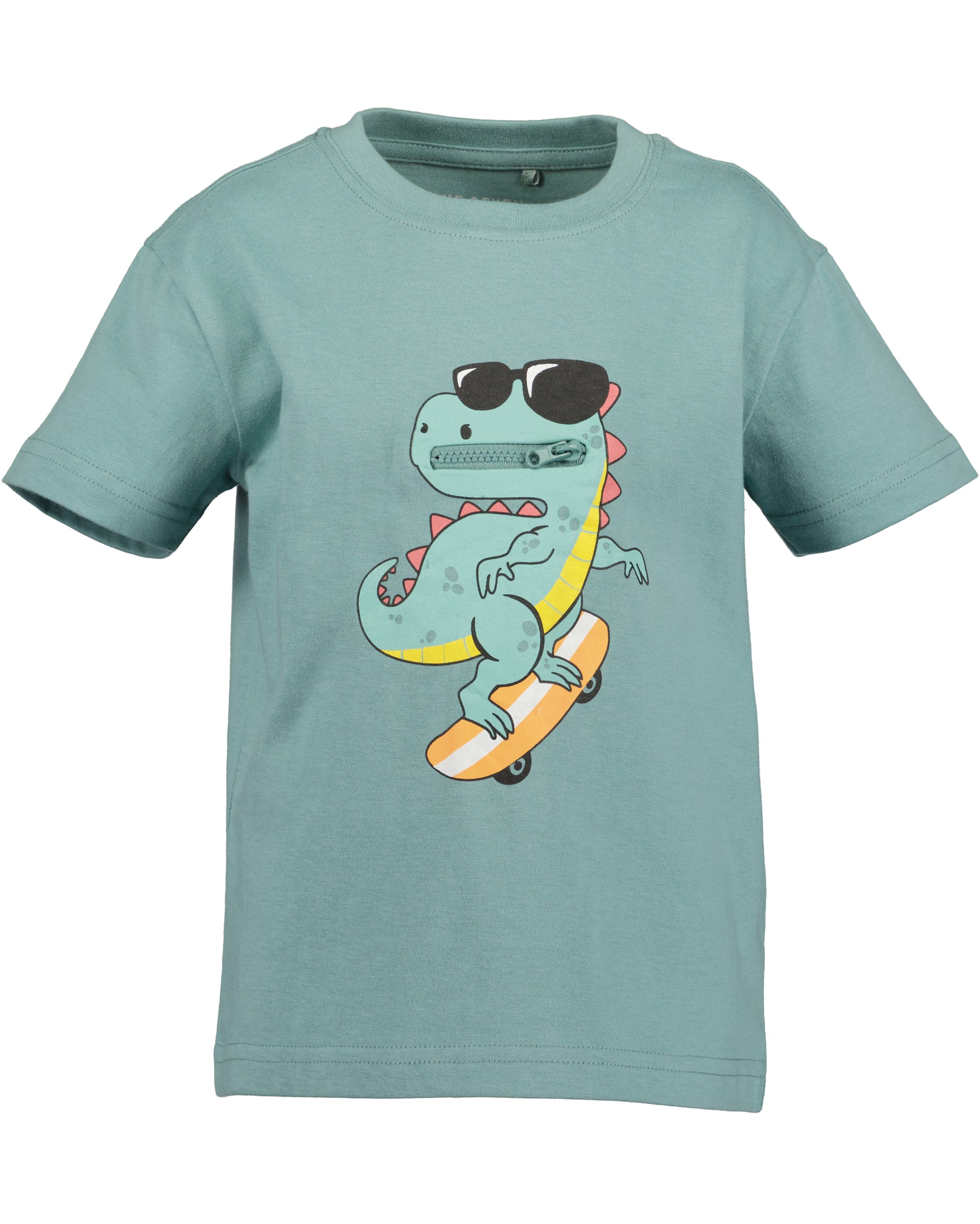 Mintgroen jongens t-shirt Blue Seven met turquoise skatende dinosaurus print en werkende rits als mond – Elisa Kids Boutique