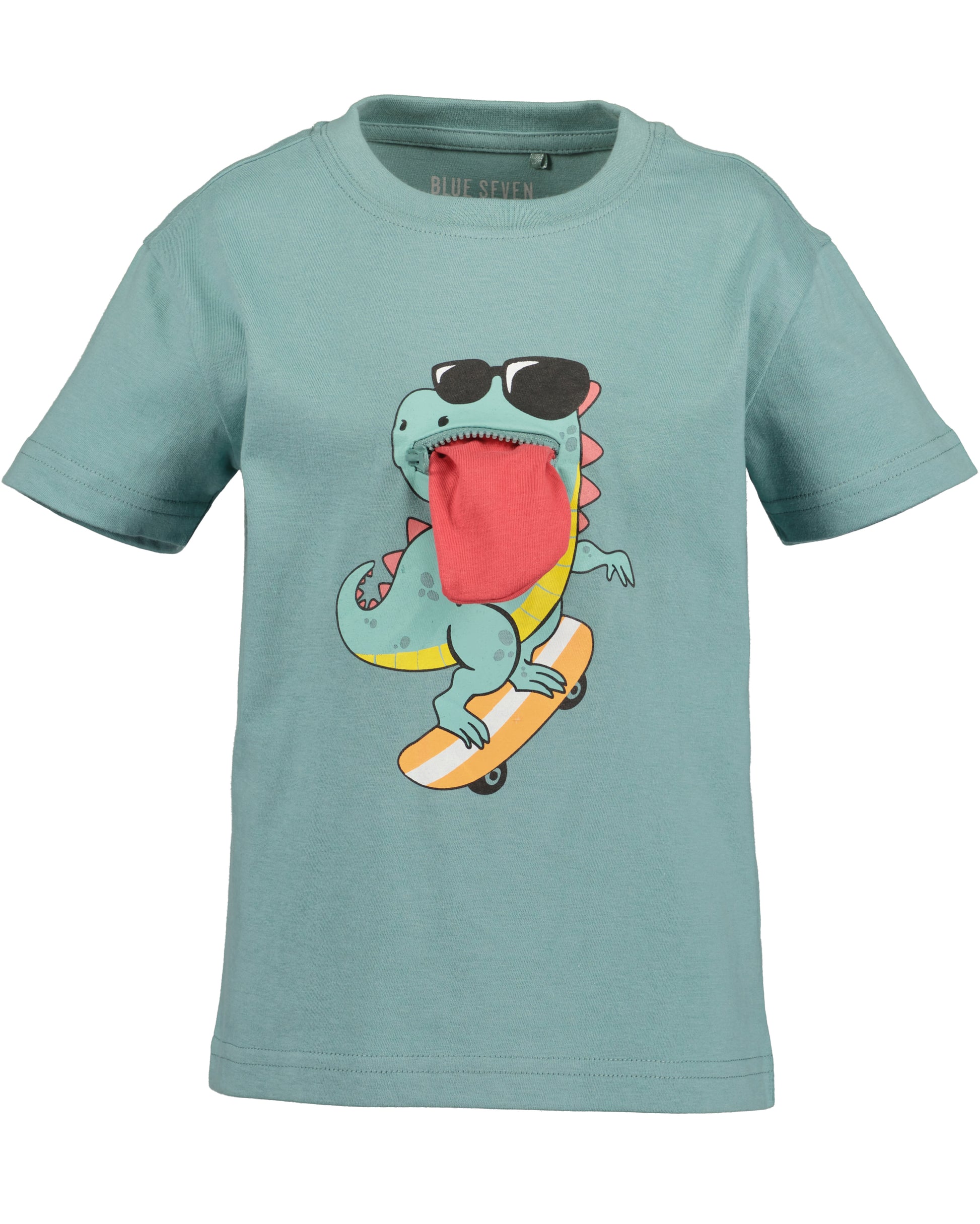 Mintgroen jongens t-shirt Blue Seven met open rits en uitklapbare felroze stoffen tong op dinosaurus print – Elisa Kids Boutique